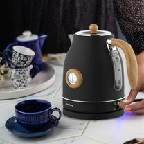 Electric kettle with thermometer, stainless steel, black with wood accents, 1.7 L, 1850–2200 W, Klausberg, KB-7907 - Carlat