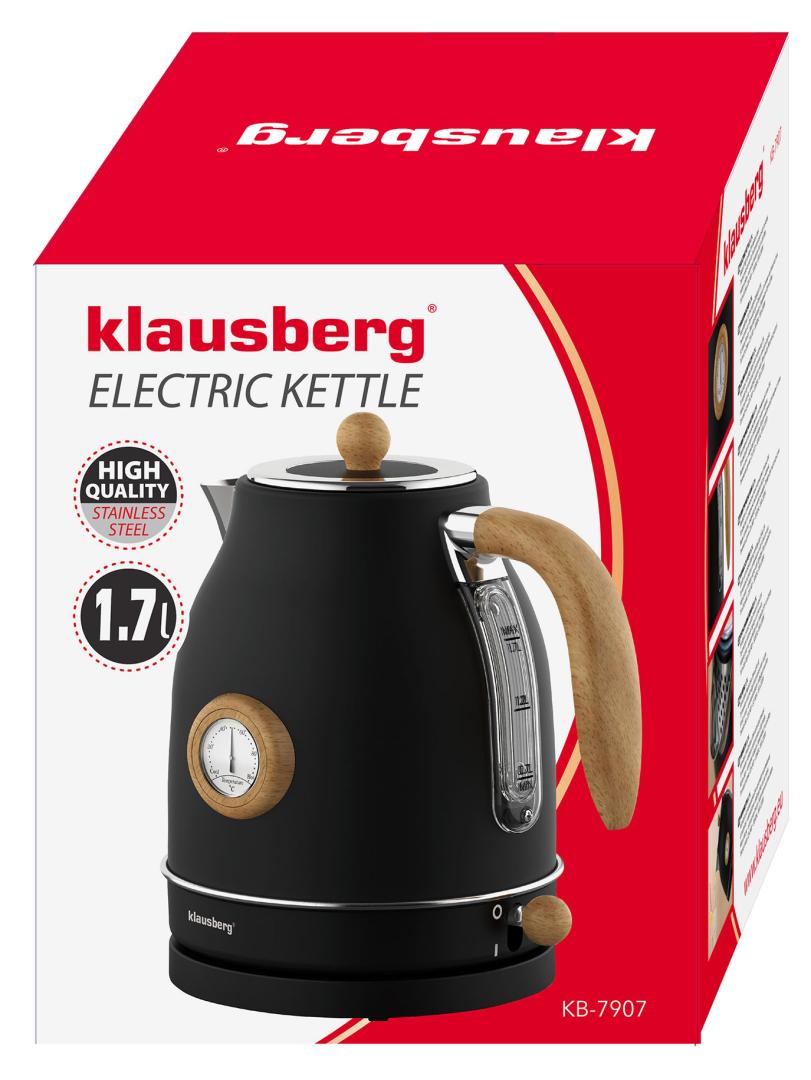 Electric kettle with thermometer, stainless steel, black with wood accents, 1.7 L, 1850–2200 W, Klausberg, KB-7907 - Carlat