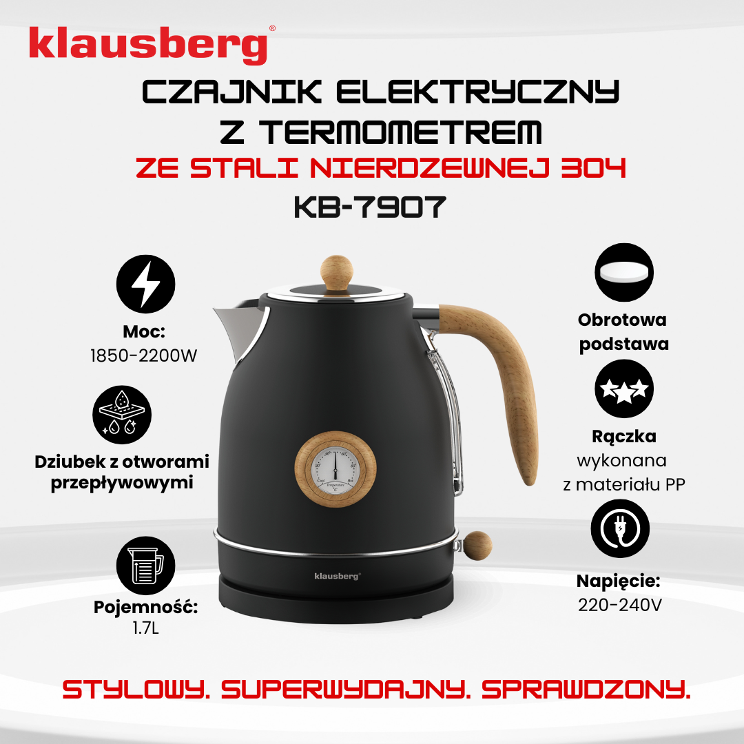 Electric kettle with thermometer, stainless steel, black with wood accents, 1.7 L, 1850–2200 W, Klausberg, KB-7907 - Carlat