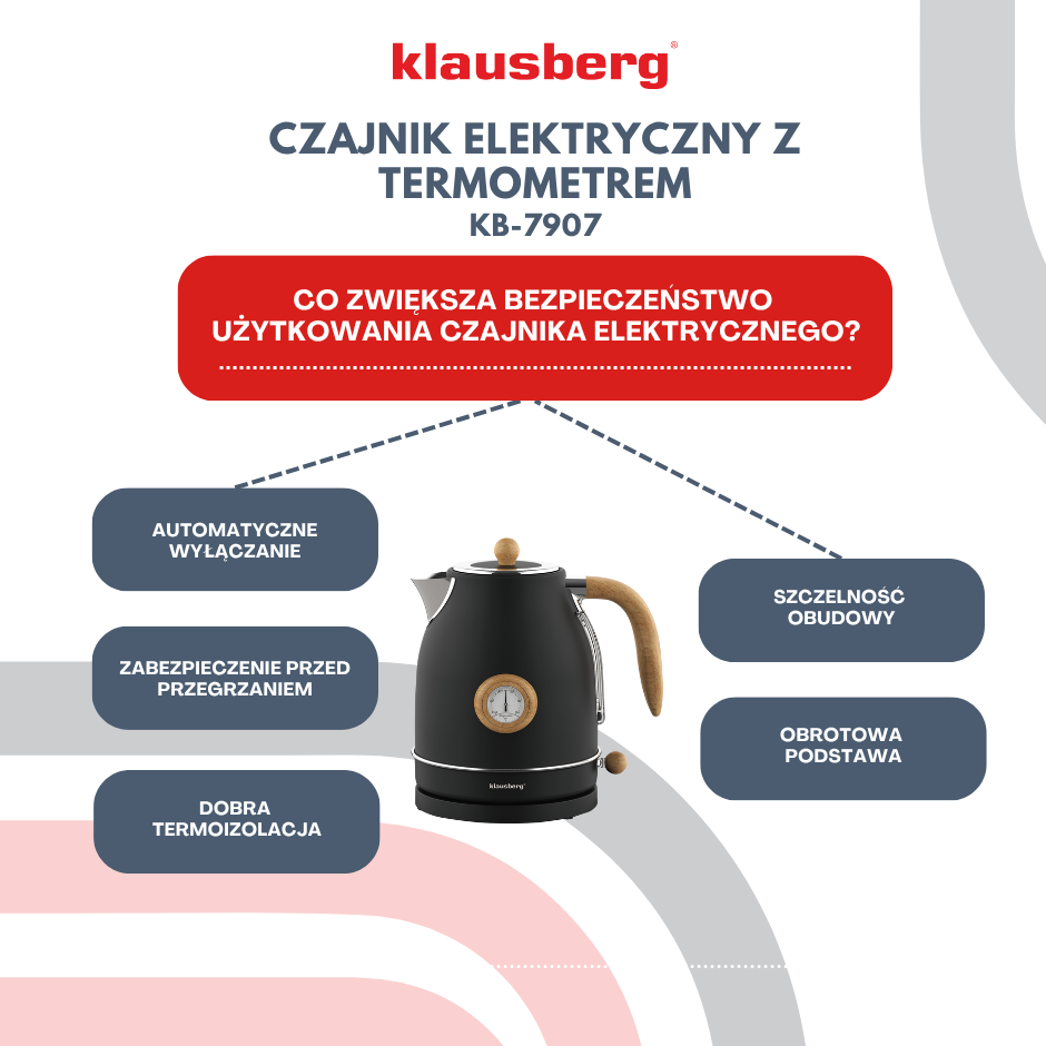 Electric kettle with thermometer, stainless steel, black with wood accents, 1.7 L, 1850–2200 W, Klausberg, KB-7907 - Carlat