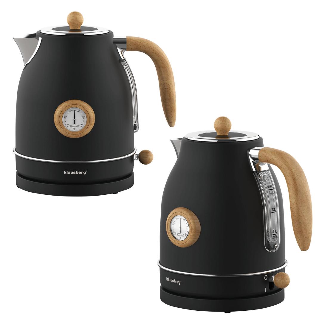Electric kettle with thermometer, stainless steel, black with wood accents, 1.7 L, 1850–2200 W, Klausberg, KB-7907 - Carlat