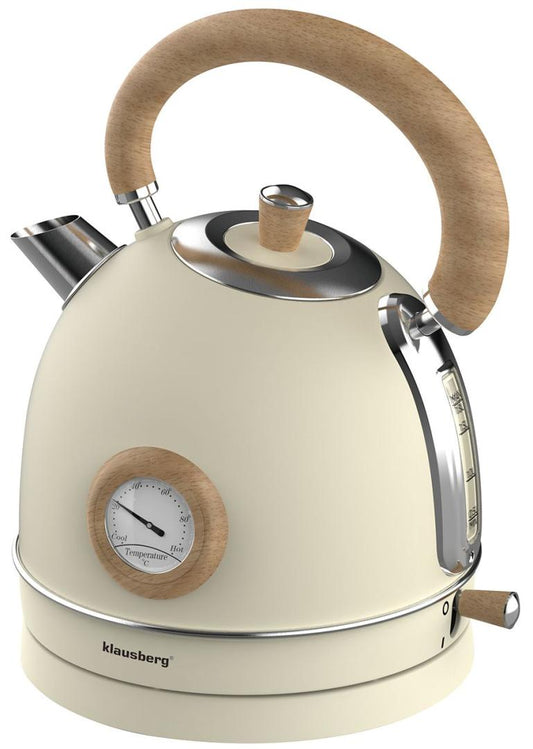Electric kettle with thermometer, stainless steel, cream with wood accents, 1.8 L, 1850–2200 W, Klausberg, KB-7906 - Carlat