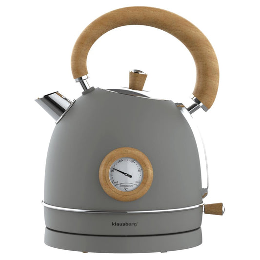 Electric kettle with thermometer, stainless steel, gray with wood accents, 1.8 L, 1850–2200 W, Klausberg, KB-9009 - Carlat