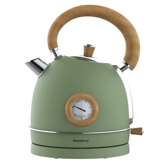 Electric kettle with thermometer, stainless steel, green with wood accents, 1.8 L, 1850–2200 W, Klausberg, KB-9008 - Carlat