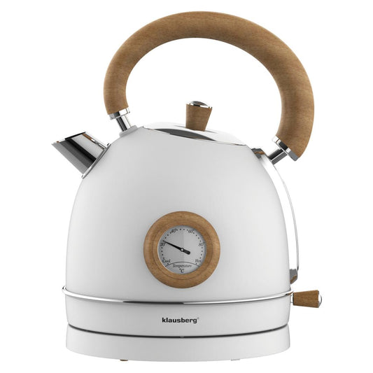 Electric kettle with thermometer, stainless steel, white with wood accents, 1.8 L, 1850–2200 W, Klausberg, KB-9007 - Carlat