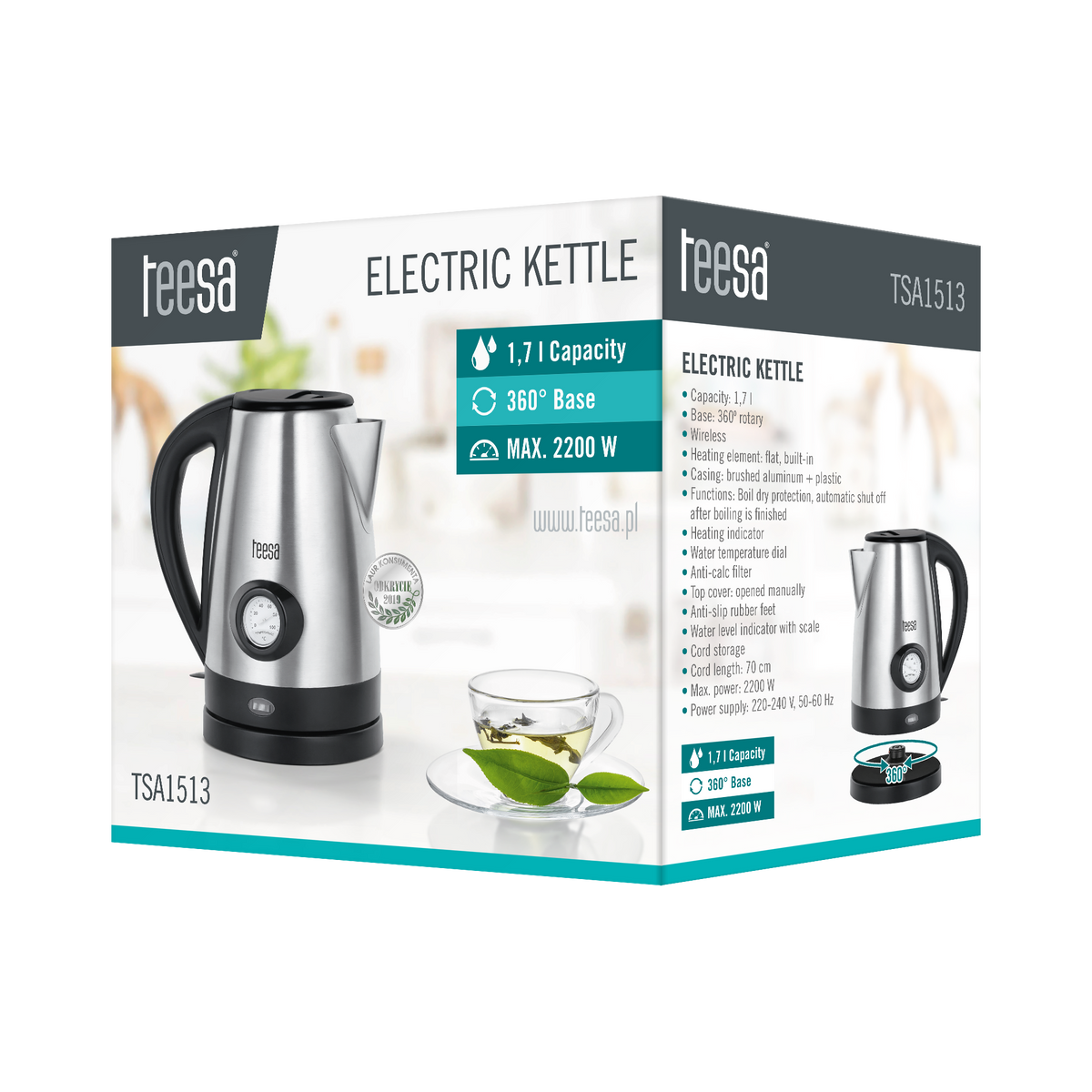 Teesa Electric kettle with water temperature indicator, TEESA, stainless steel, 2200W, 1.7L – image 5