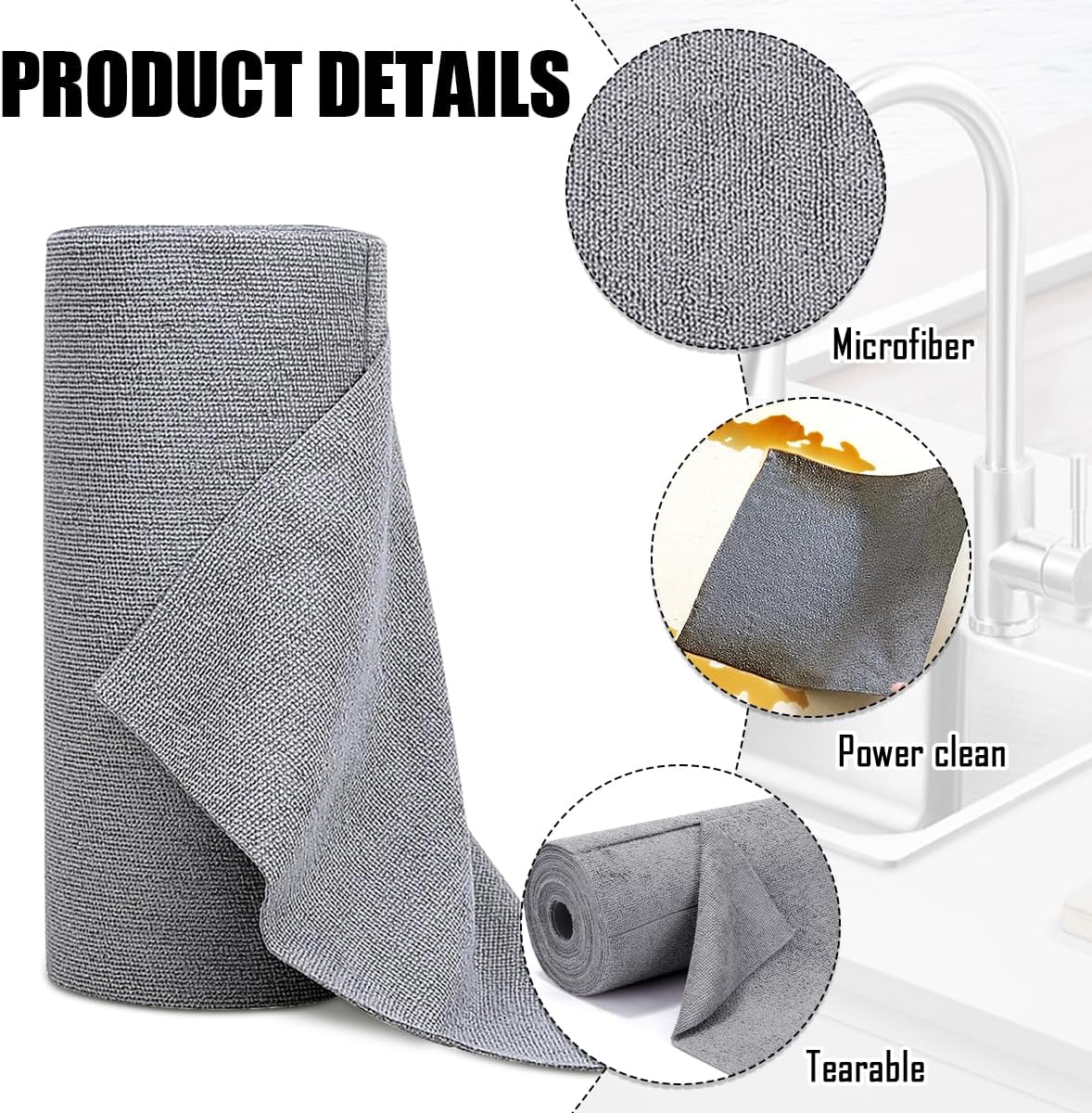 Feirdhoo Microfibre Cleaning Cloth Roll, Pack of 50 Tear-Off Cleaning Cloths, Reusable Lint-Free Cloths, Tea Towels, 30 x 30 cm Cleaning Cloths for Car, Household and Kitchen Cleaning - Carlat