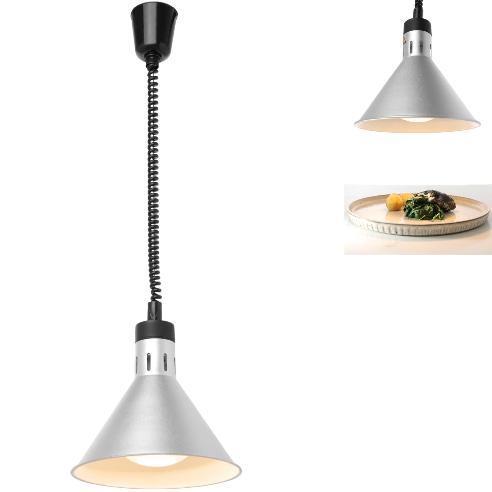 Food Warmers – Food warming lamp - hanging conical silver - Carlat