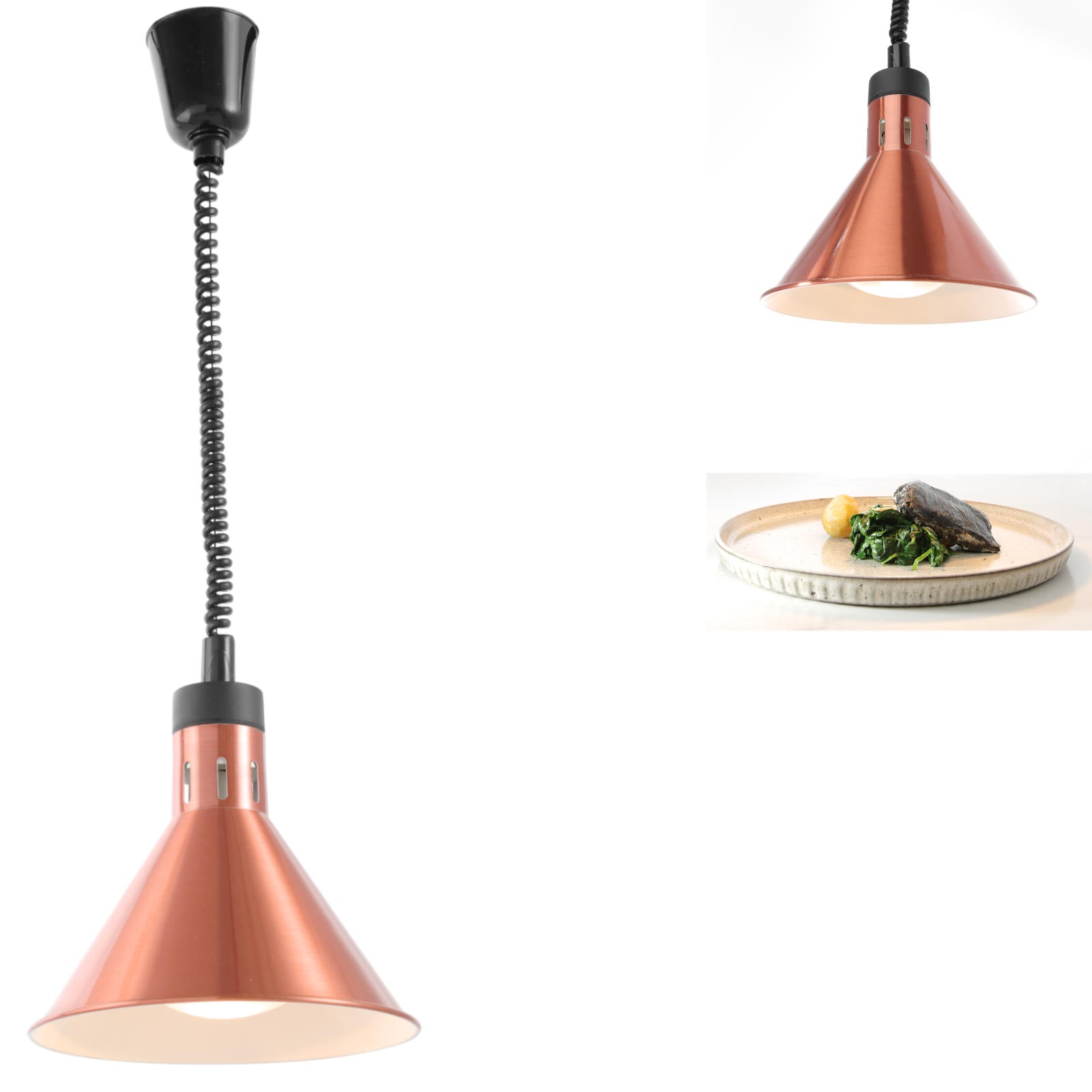 Food Warmers – Food warming lamp - hanging conical silver - Carlat