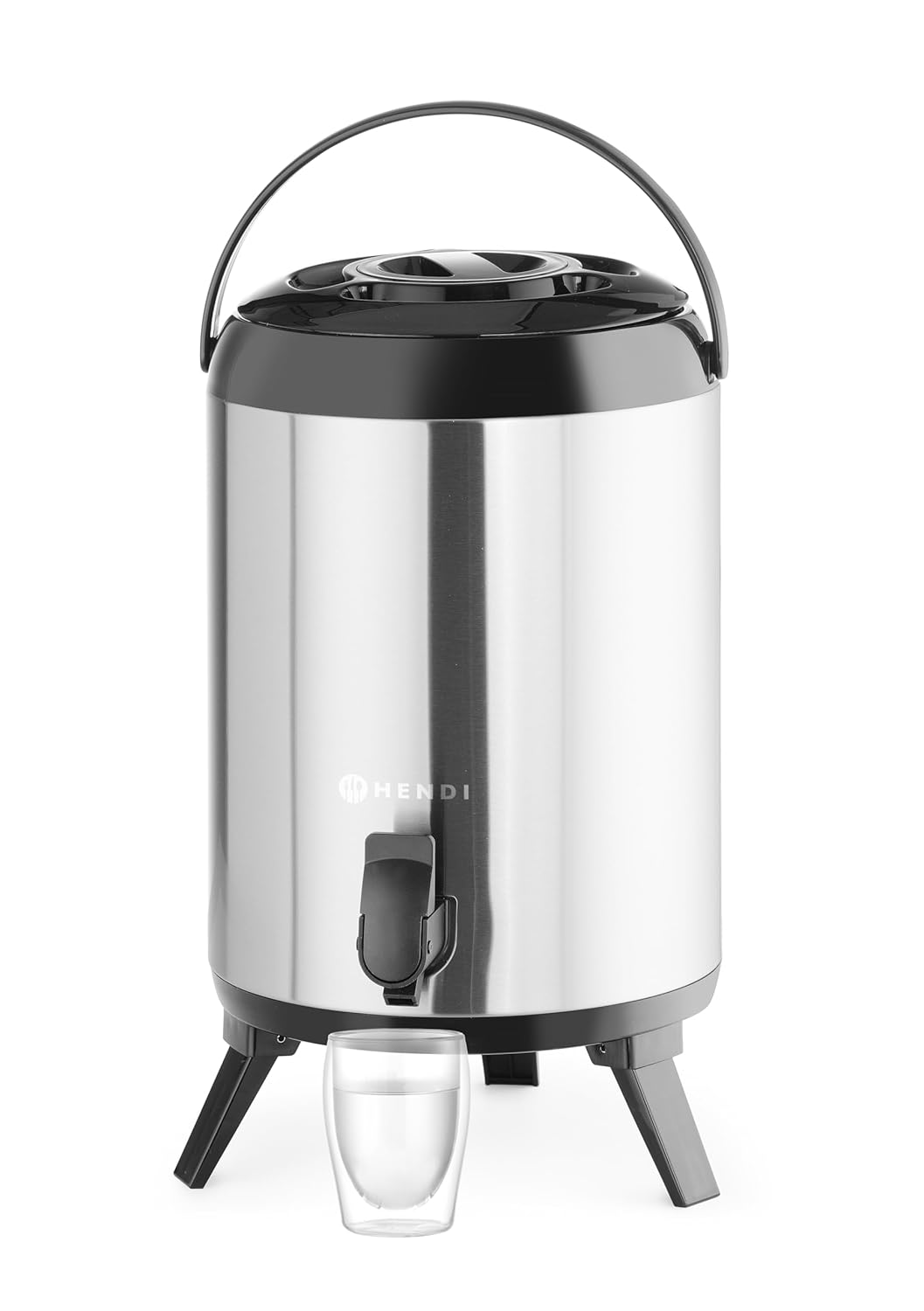 HENDI Drinks Dispenser for Hot and Cold Drinks, Drip-Free Tap, Temperature Resistant from -10° to 100°C, Water Dispenser, Insulated Jug, Airpot, 9L, Diameter 226 x (H) 360 mm, Stainless Steel, PU - Carlat