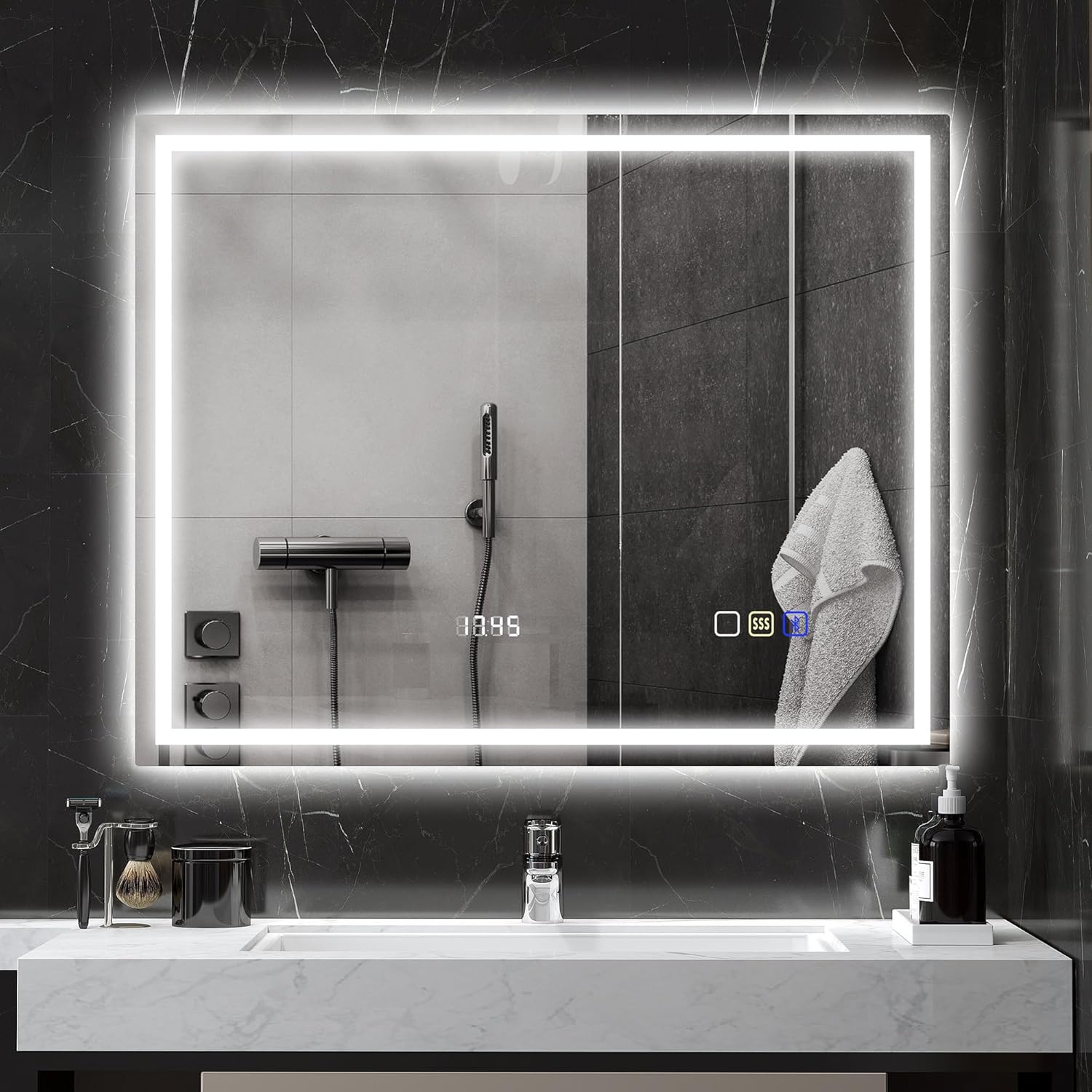 HOMCOM Bathroom Mirror with Lighting 80 x 60 cm LED Mirror Wall Mirror with Bluetooth Music Function Memory Function Clock 3 Light Colours Anti-Fog Light Mirror with Touch Switch Silver - Carlat