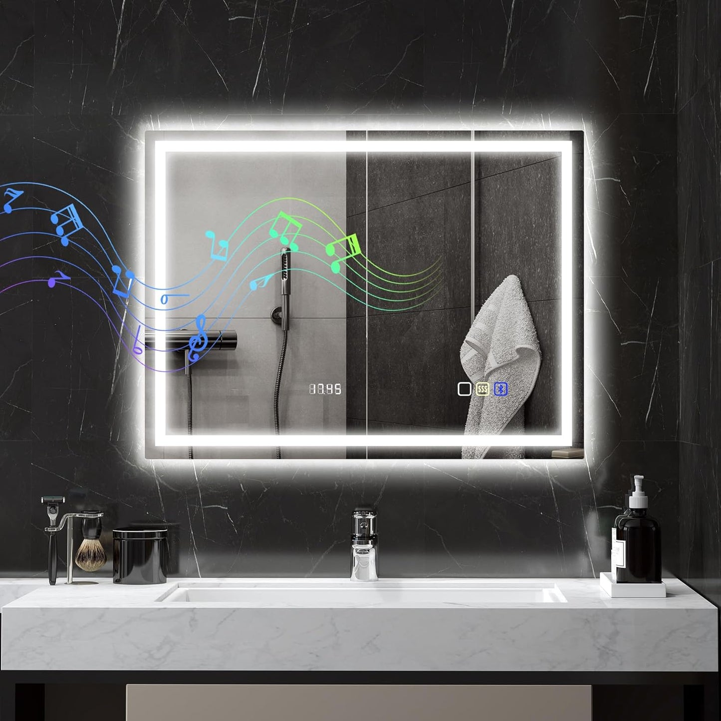 HOMCOM Bathroom Mirror with Lighting 80 x 60 cm LED Mirror Wall Mirror with Bluetooth Music Function Memory Function Clock 3 Light Colours Anti-Fog Light Mirror with Touch Switch Silver - Carlat