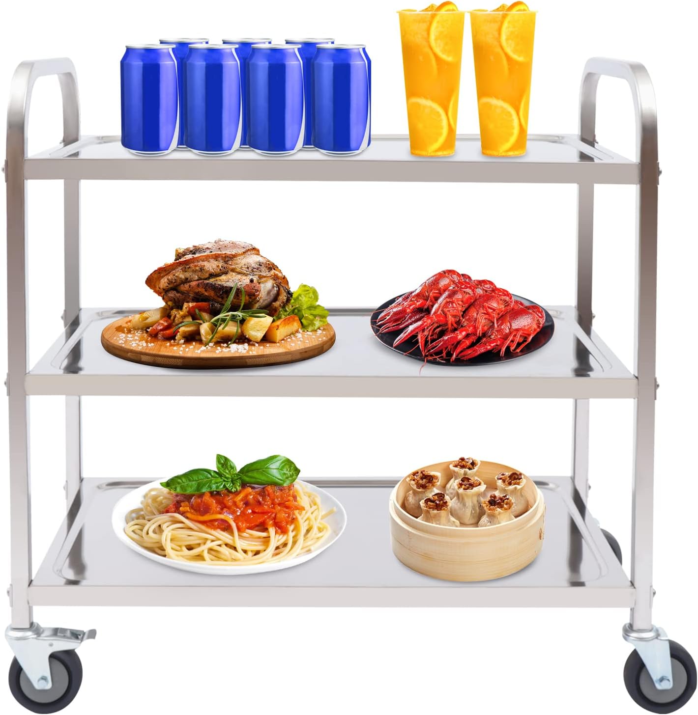HongKKon Serving Trolley, 3 Tier Stainless Steel Service Trolley 85 x 45 x 90 cm Kitchen Trolley with 4 Universal Wheels & Brake, Food Trolley for Restaurants, Libraries, Kitchens, Living Rooms - Carlat
