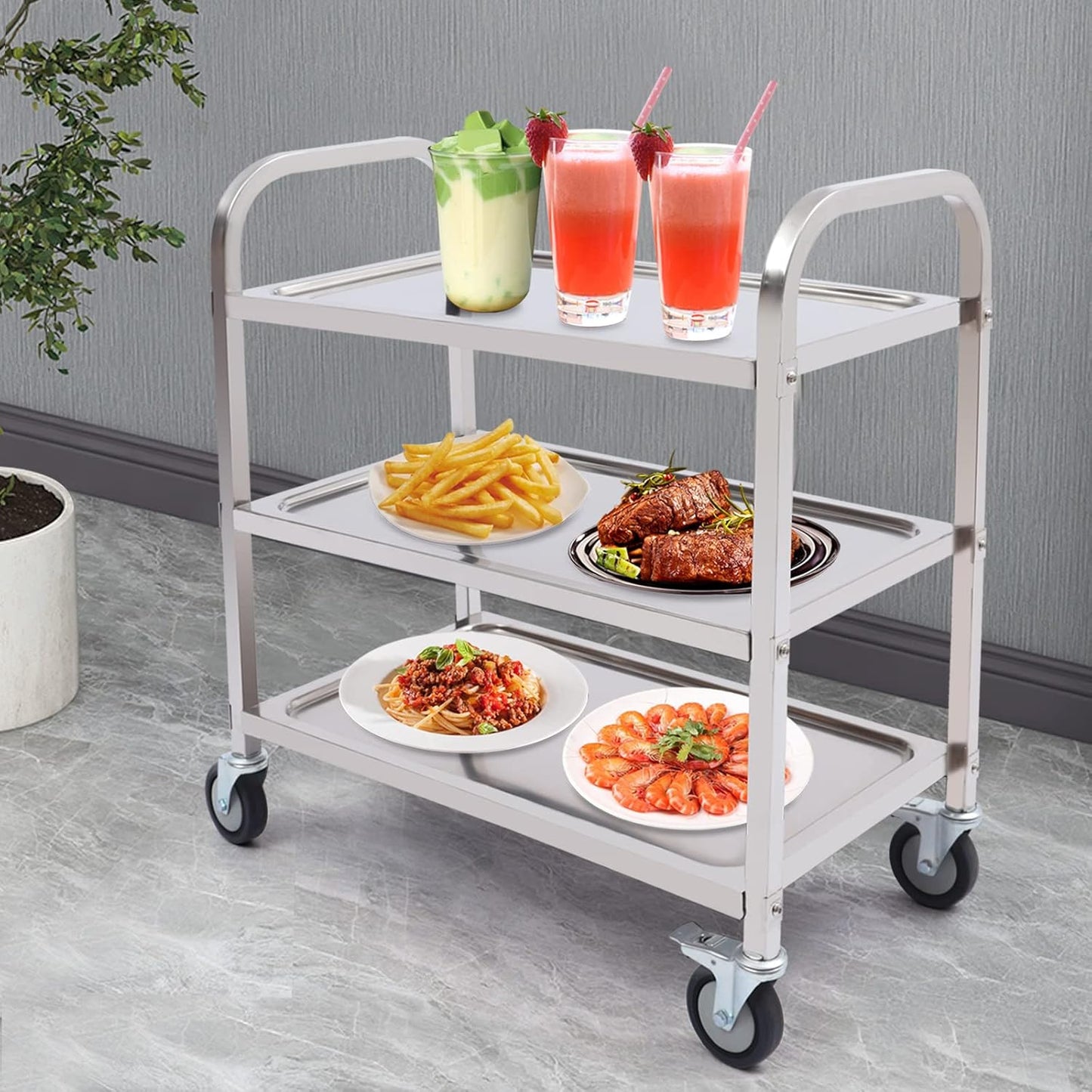HongKKon Serving Trolley, 3 Tier Stainless Steel Service Trolley 85 x 45 x 90 cm Kitchen Trolley with 4 Universal Wheels & Brake, Food Trolley for Restaurants, Libraries, Kitchens, Living Rooms - Carlat