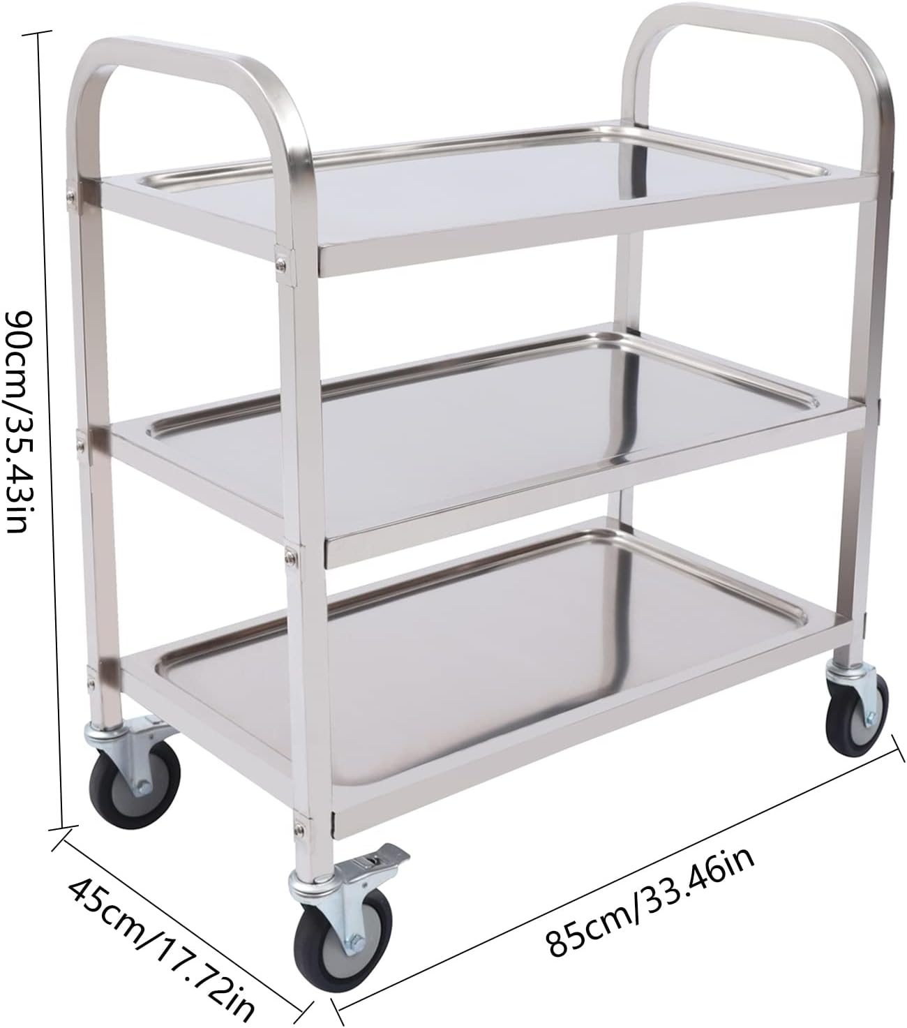 HongKKon Serving Trolley, 3 Tier Stainless Steel Service Trolley 85 x 45 x 90 cm Kitchen Trolley with 4 Universal Wheels & Brake, Food Trolley for Restaurants, Libraries, Kitchens, Living Rooms - Carlat