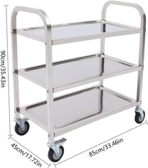 HongKKon Serving Trolley, 3 Tier Stainless Steel Service Trolley 85 x 45 x 90 cm Kitchen Trolley with 4 Universal Wheels & Brake, Food Trolley for Restaurants, Libraries, Kitchens, Living Rooms - Carlat