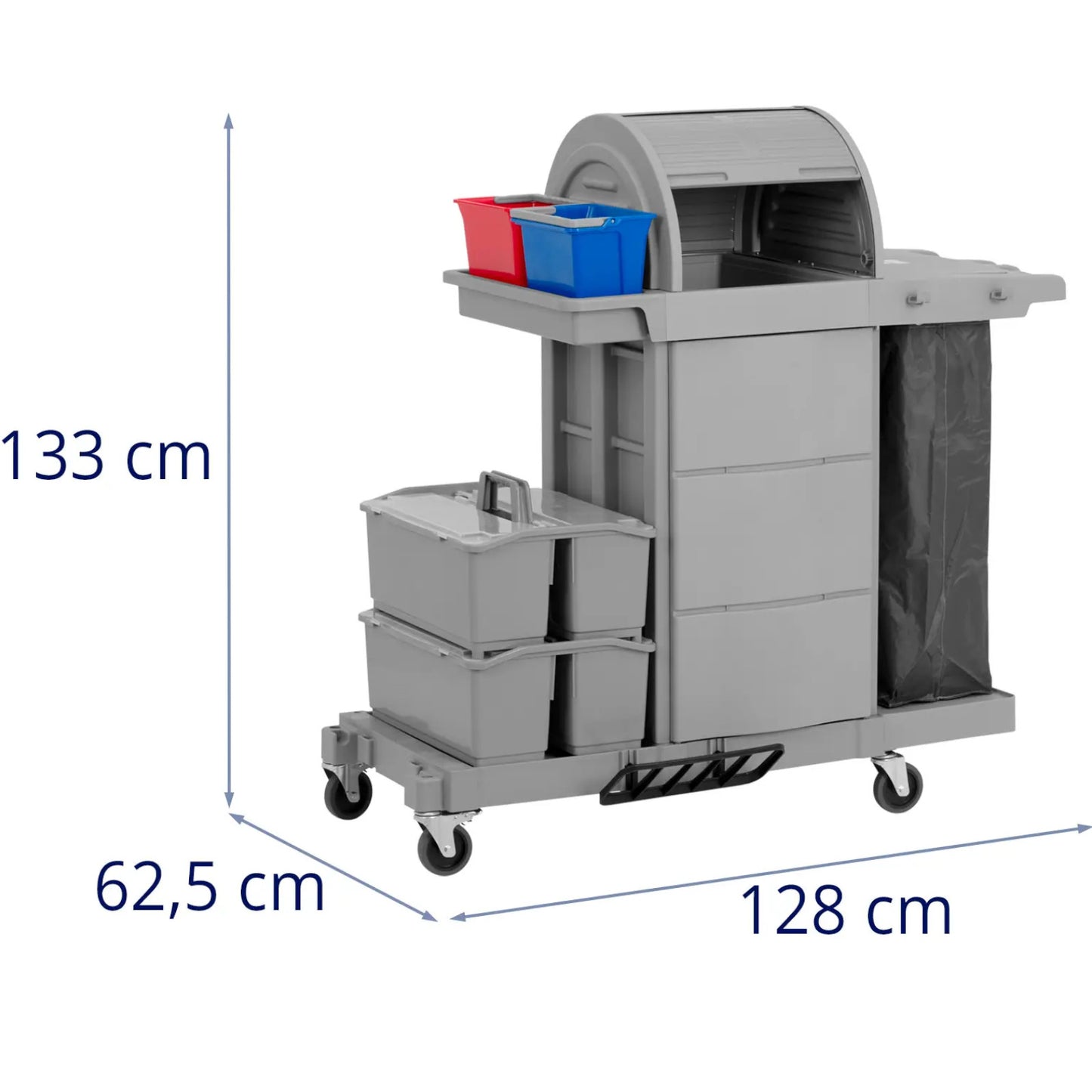 Hotel cleaning trolley with storage compartment and 2 buckets 128 x 62.5 x 133 cm - Carlat
