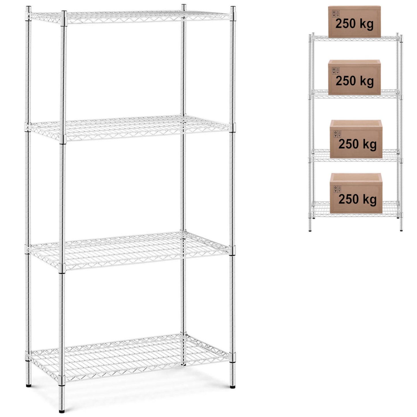 Industrial Shelving – Chrome-plated workshop shelf, 4 wire shelves, up - Carlat