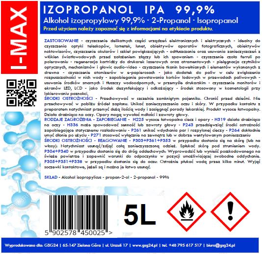 Isopropyl alcohol Isopropanol IPA I-MAX 99.9% 5L - Carlat