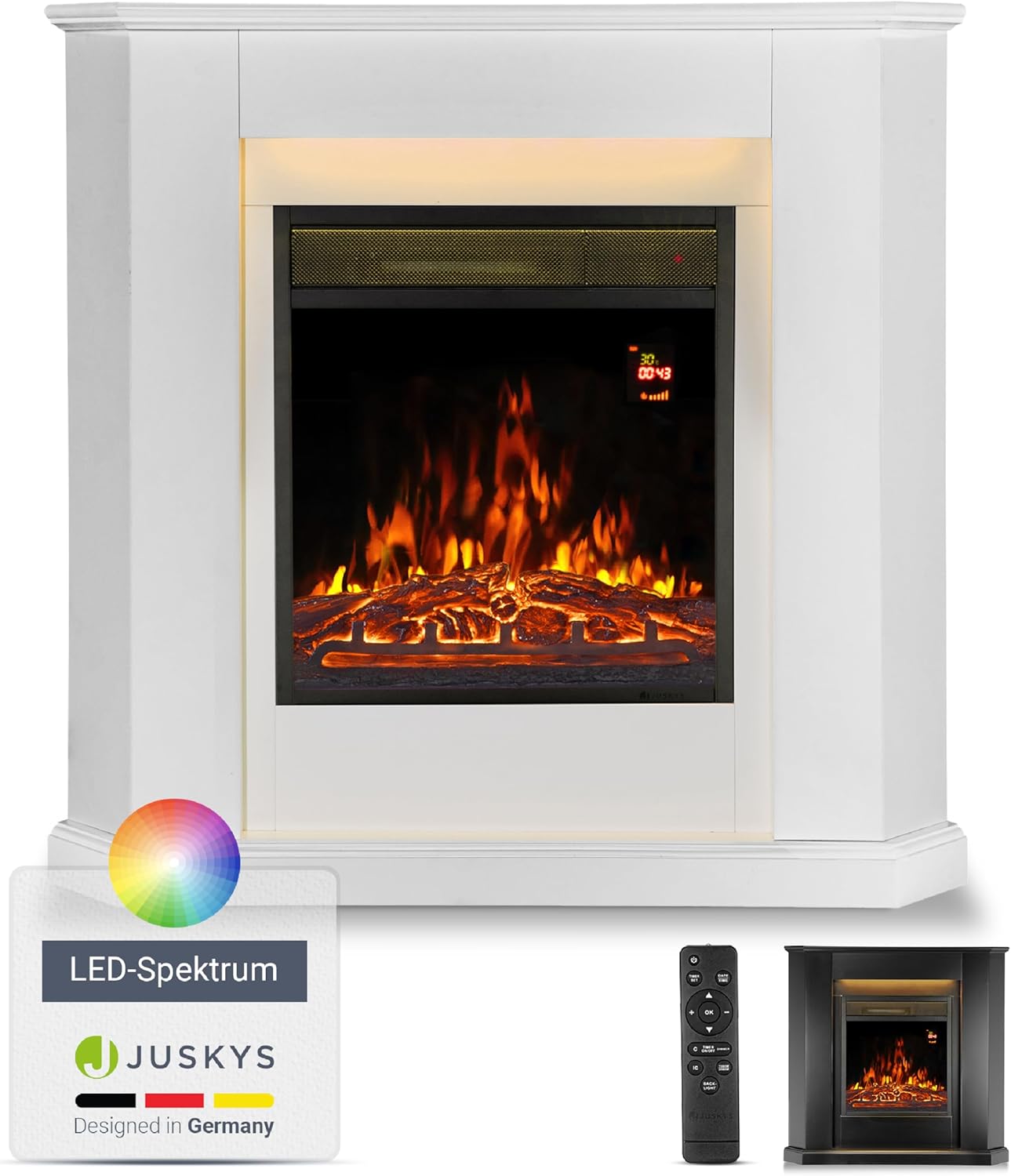 Juskys Electric Fireplace 1000/2000 W with Heater, Fireplace, Flame Effect, Remote Control, LED Lighting & Timer - Electric Fireplace Corner Fireplace, White - Carlat