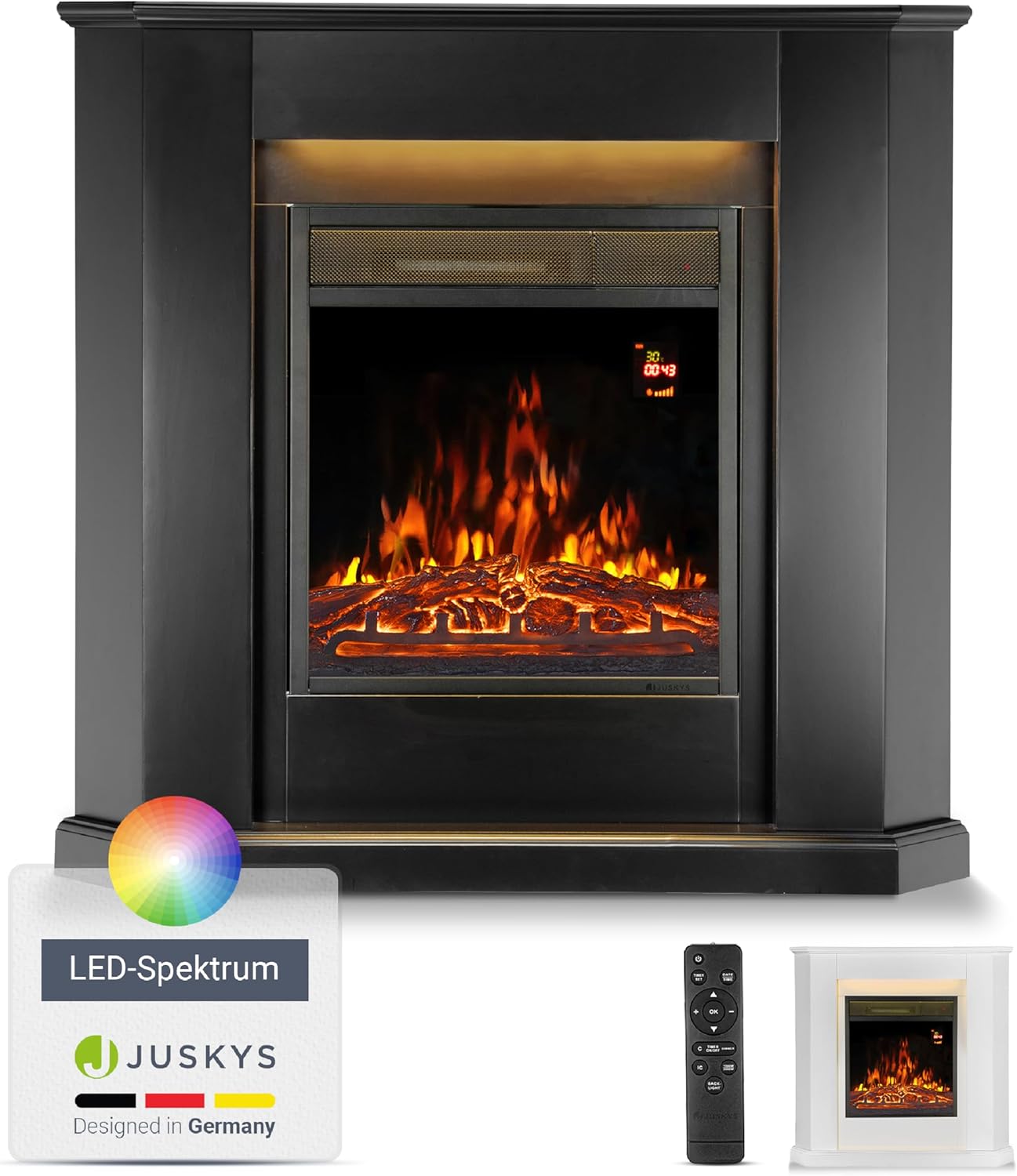 Juskys Electric Fireplace 1000/2000 W with Heater, Fireplace, Flame Effect, Remote Control, LED Lighting & Timer - Electric Fireplace Corner Fireplace, White - Carlat