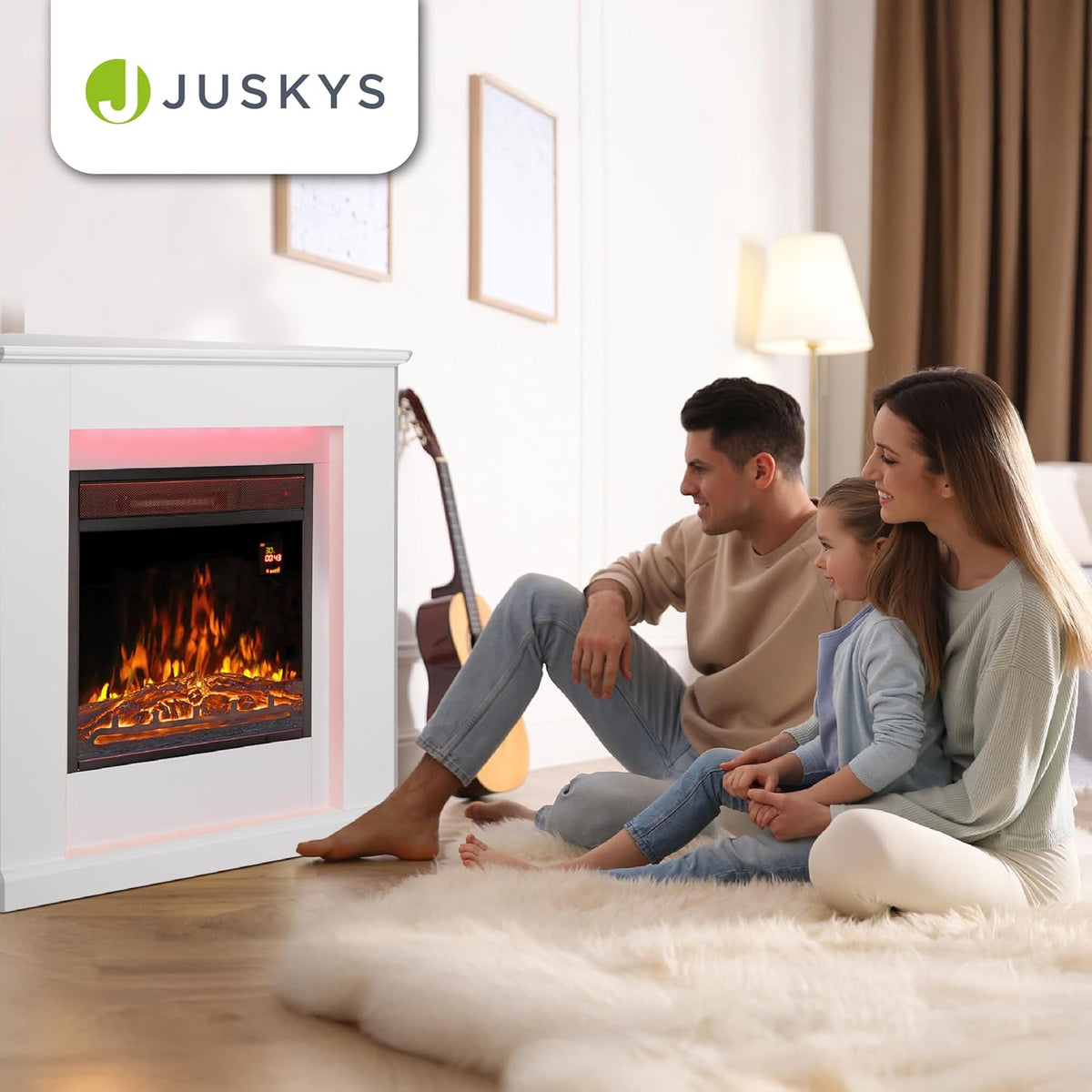 Juskys Electric Fireplace 1000/2000 W with Heater, Fireplace, Flame Effect, Remote Control, LED Lighting & Timer - Electric Fireplace Corner Fireplace, White - Carlat