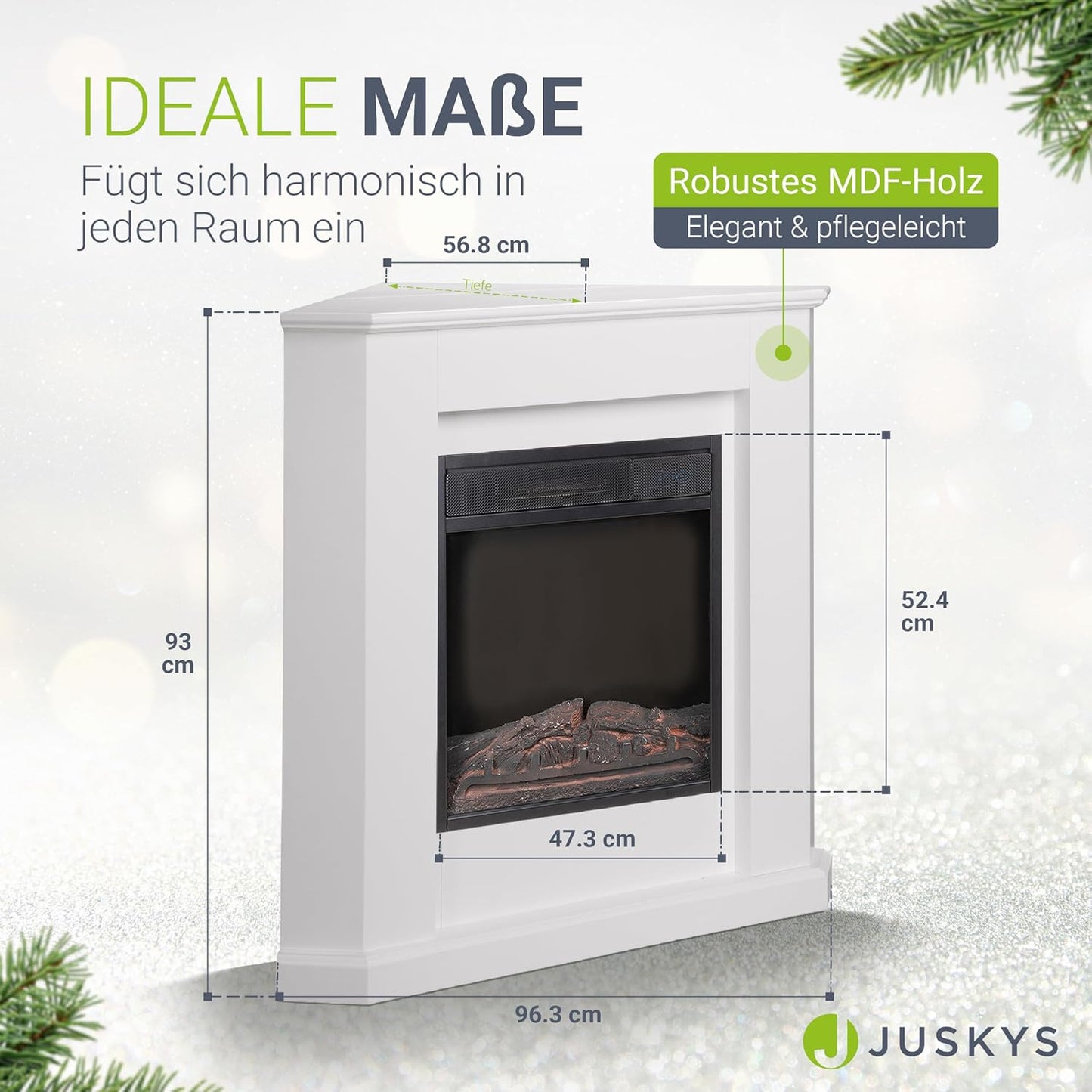 Juskys Electric Fireplace 1000/2000 W with Heater, Fireplace, Flame Effect, Remote Control, LED Lighting & Timer - Electric Fireplace Corner Fireplace, White - Carlat