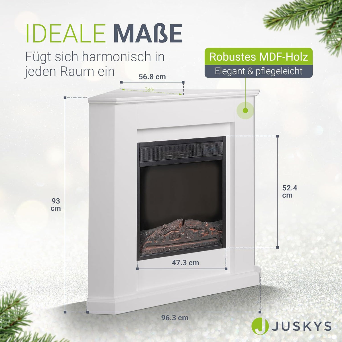 Juskys Electric Fireplace 1000/2000 W with Heater, Fireplace, Flame Effect, Remote Control, LED Lighting & Timer - Electric Fireplace Corner Fireplace, White - Carlat