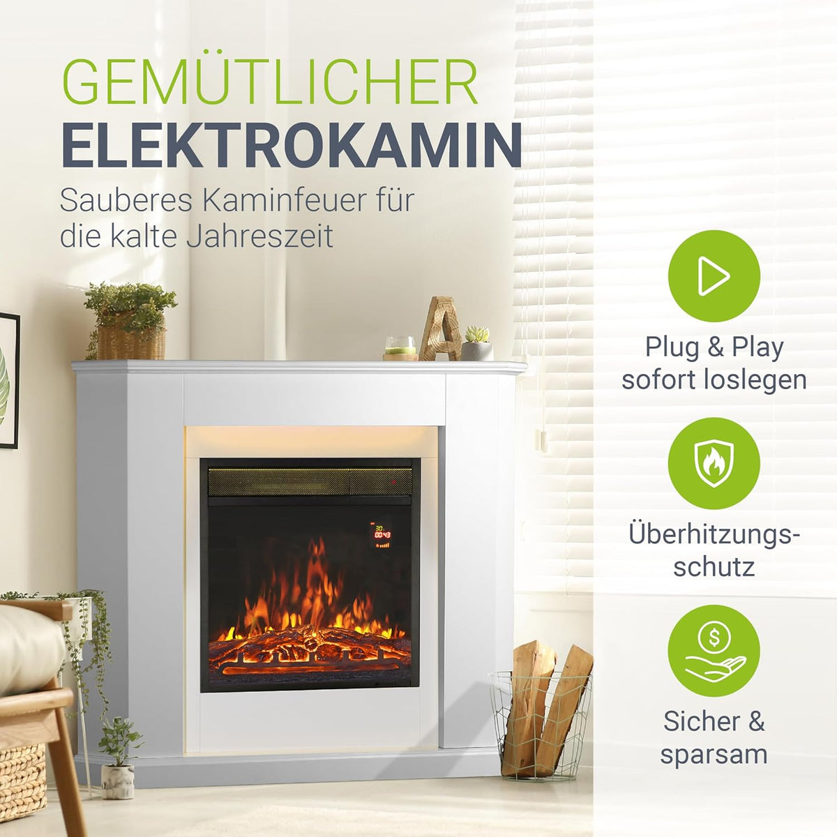 Juskys Electric Fireplace 1000/2000 W with Heater, Fireplace, Flame Effect, Remote Control, LED Lighting & Timer - Electric Fireplace Corner Fireplace, White - Carlat