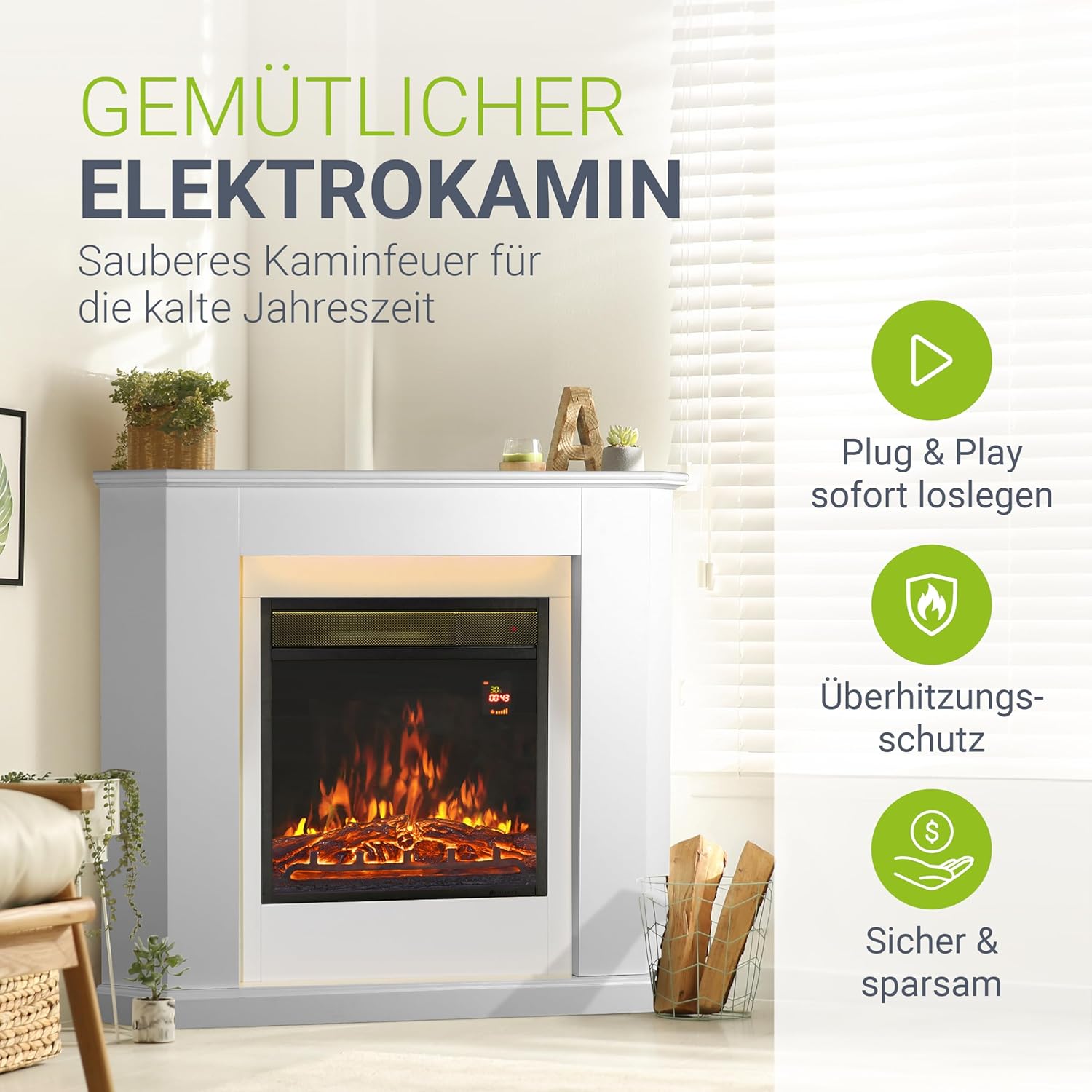 Juskys Electric Fireplace 1000/2000 W with Heater, Fireplace, Flame Effect, Remote Control, LED Lighting & Timer - Electric Fireplace Corner Fireplace, White - Carlat