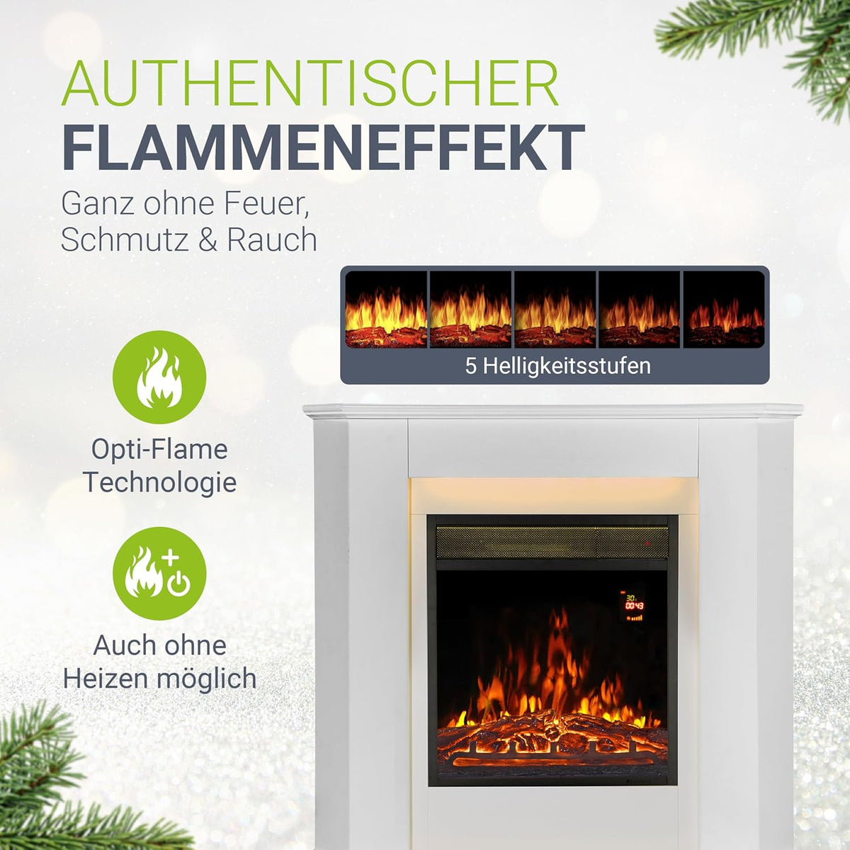 Juskys Electric Fireplace 1000/2000 W with Heater, Fireplace, Flame Effect, Remote Control, LED Lighting & Timer - Electric Fireplace Corner Fireplace, White - Carlat