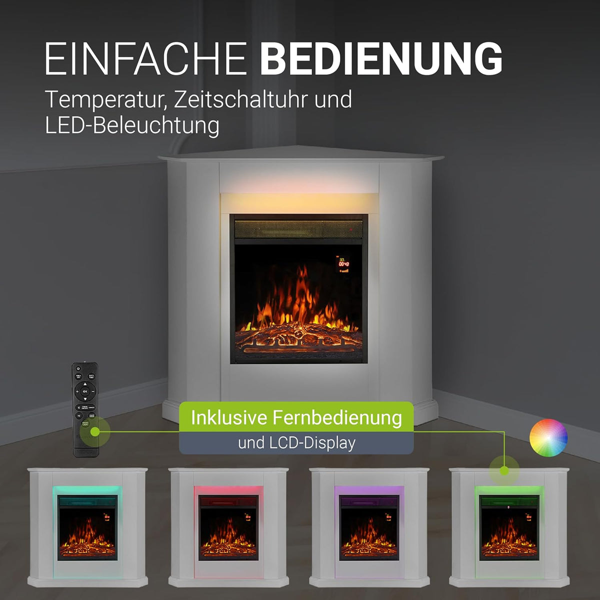 Juskys Electric Fireplace 1000/2000 W with Heater, Fireplace, Flame Effect, Remote Control, LED Lighting & Timer - Electric Fireplace Corner Fireplace, White - Carlat