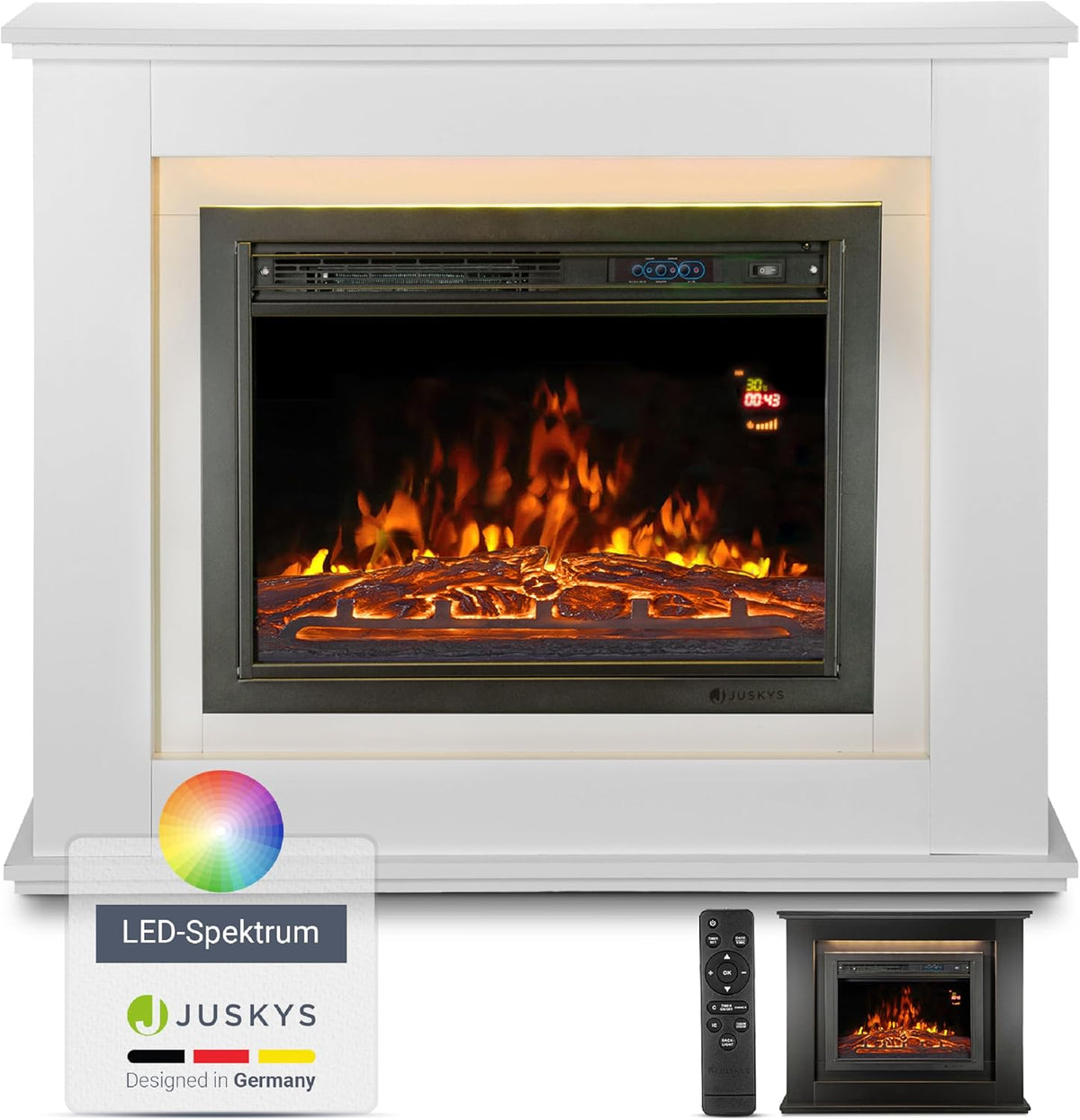 Juskys Electric Fireplace 1000/2000 W with Heater, Fireplace, Flame Effect, Remote Control, LED Lighting & Timer - Electric Fireplace Standing Fireplace, White - Carlat