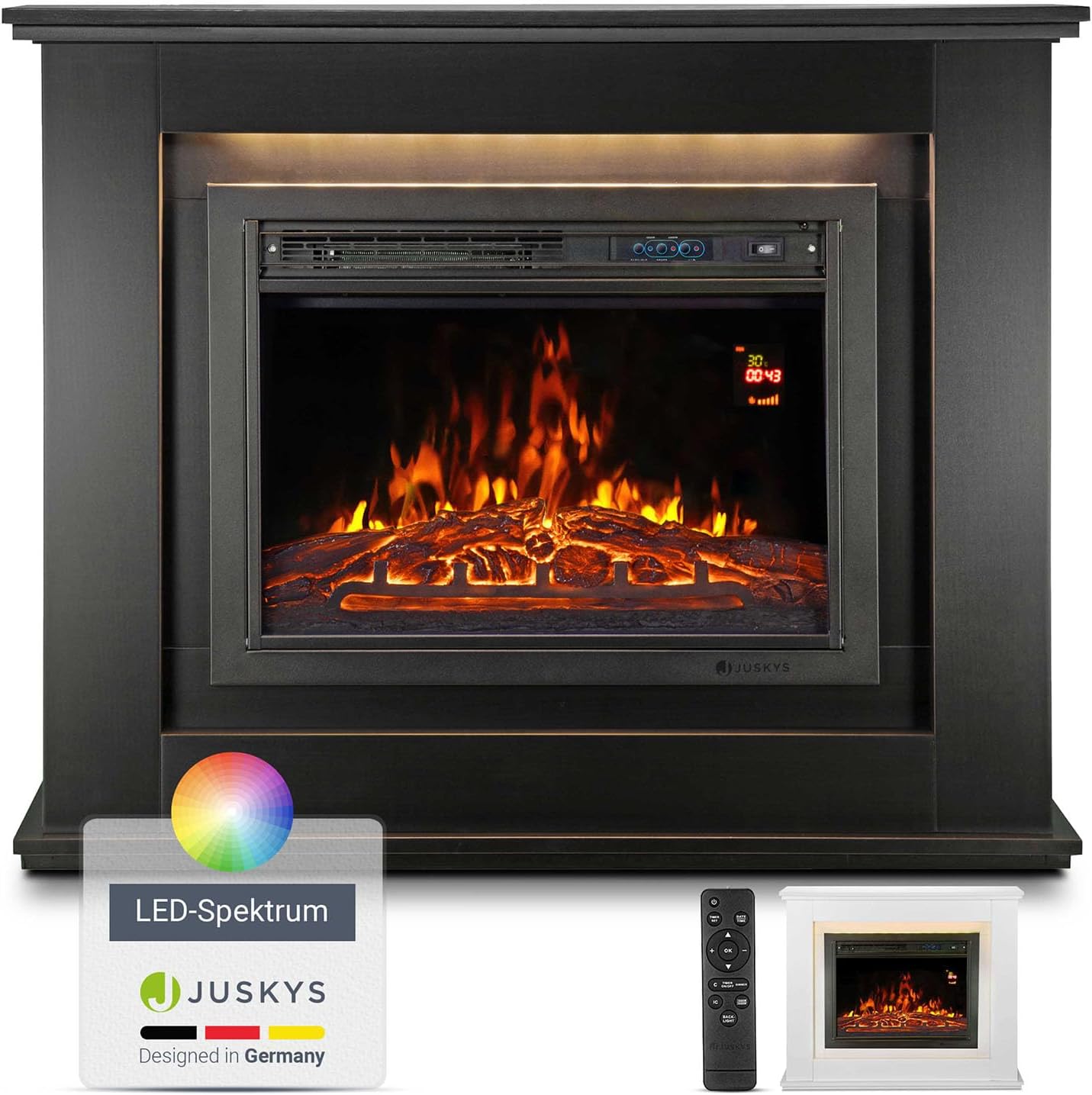Juskys Electric Fireplace 1000/2000 W with Heater, Fireplace, Flame Effect, Remote Control, LED Lighting & Timer - Electric Fireplace Standing Fireplace, White - Carlat
