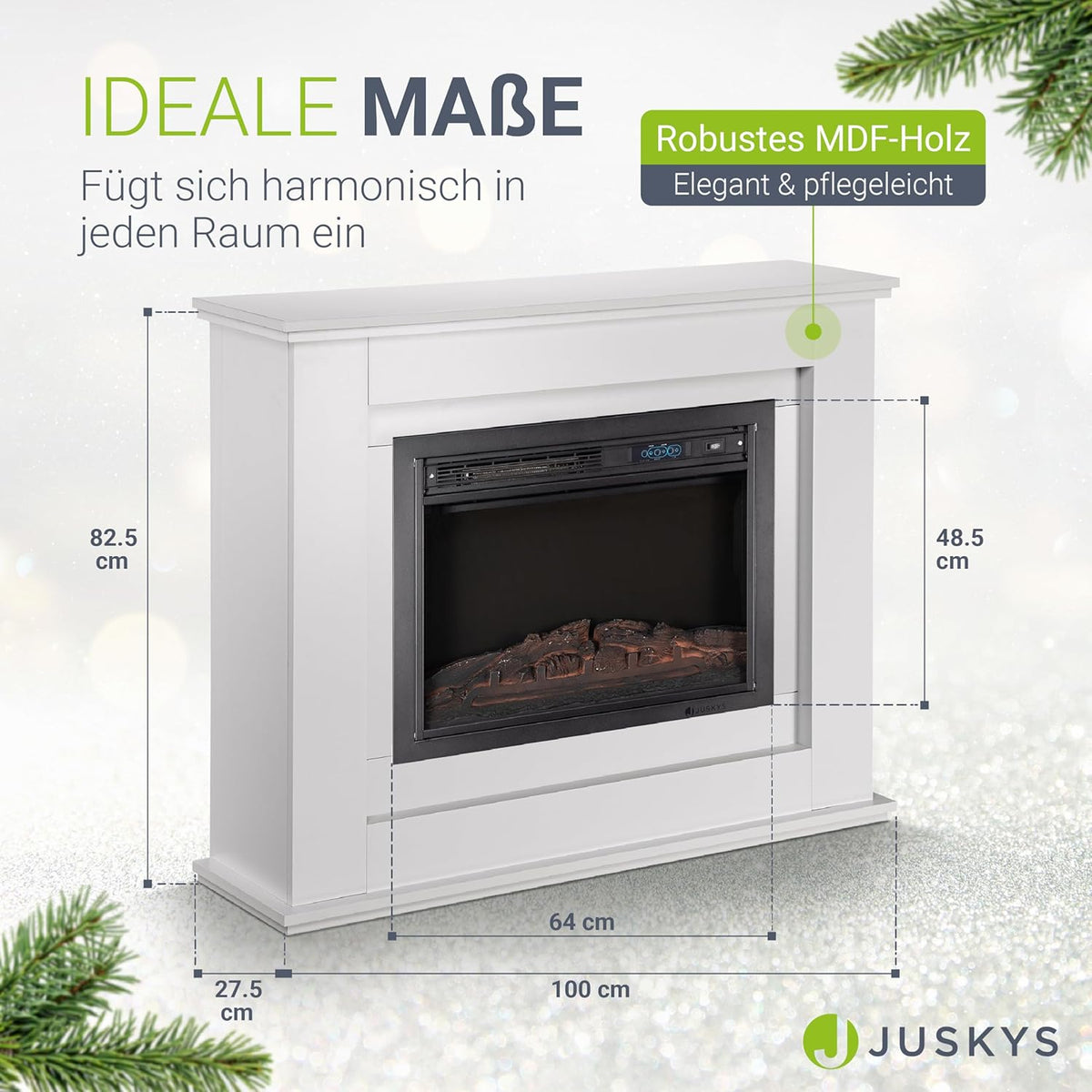 Juskys Electric Fireplace 1000/2000 W with Heater, Fireplace, Flame Effect, Remote Control, LED Lighting & Timer - Electric Fireplace Standing Fireplace, White - Carlat