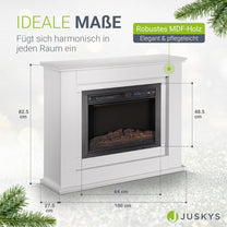 Juskys Electric Fireplace 1000/2000 W with Heater, Fireplace, Flame Effect, Remote Control, LED Lighting & Timer - Electric Fireplace Standing Fireplace, White - Carlat