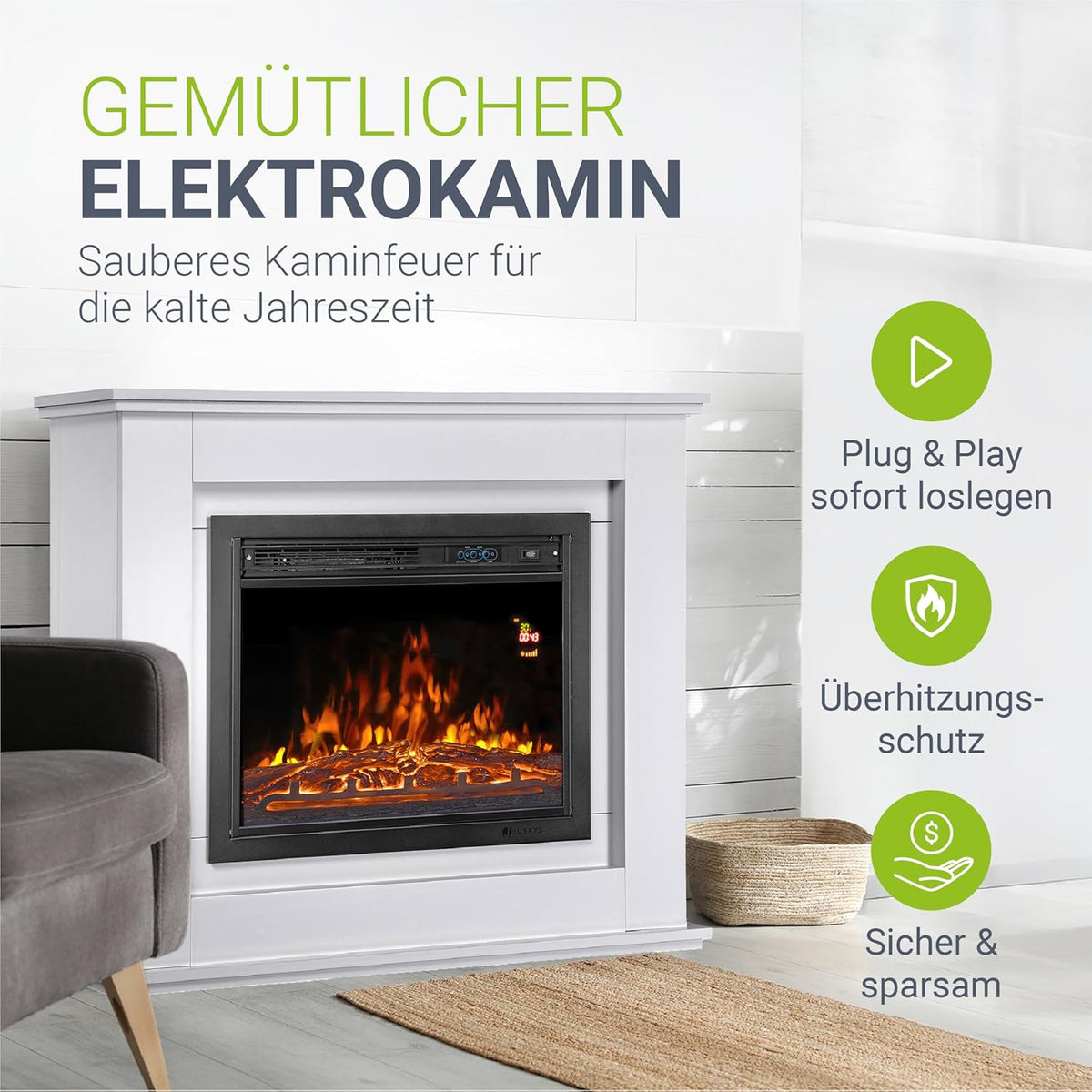 Juskys Electric Fireplace 1000/2000 W with Heater, Fireplace, Flame Effect, Remote Control, LED Lighting & Timer - Electric Fireplace Standing Fireplace, White - Carlat