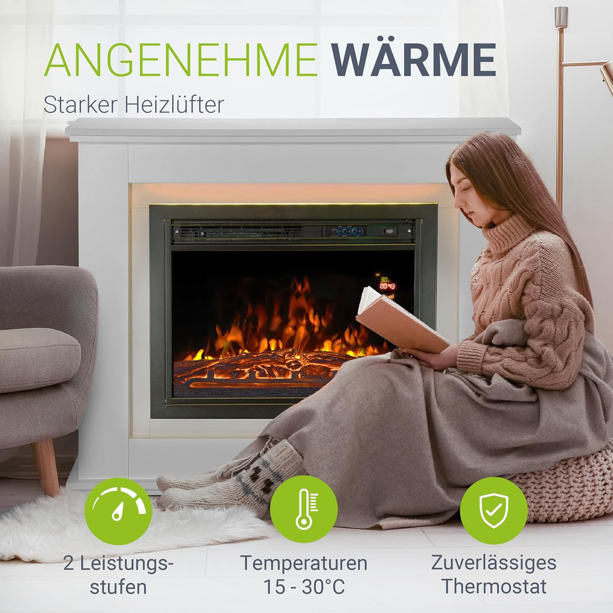 Juskys Electric Fireplace 1000/2000 W with Heater, Fireplace, Flame Effect, Remote Control, LED Lighting & Timer - Electric Fireplace Standing Fireplace, White - Carlat