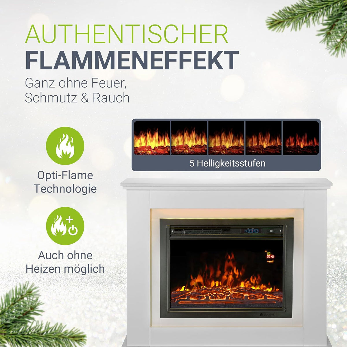 Juskys Electric Fireplace 1000/2000 W with Heater, Fireplace, Flame Effect, Remote Control, LED Lighting & Timer - Electric Fireplace Standing Fireplace, White - Carlat