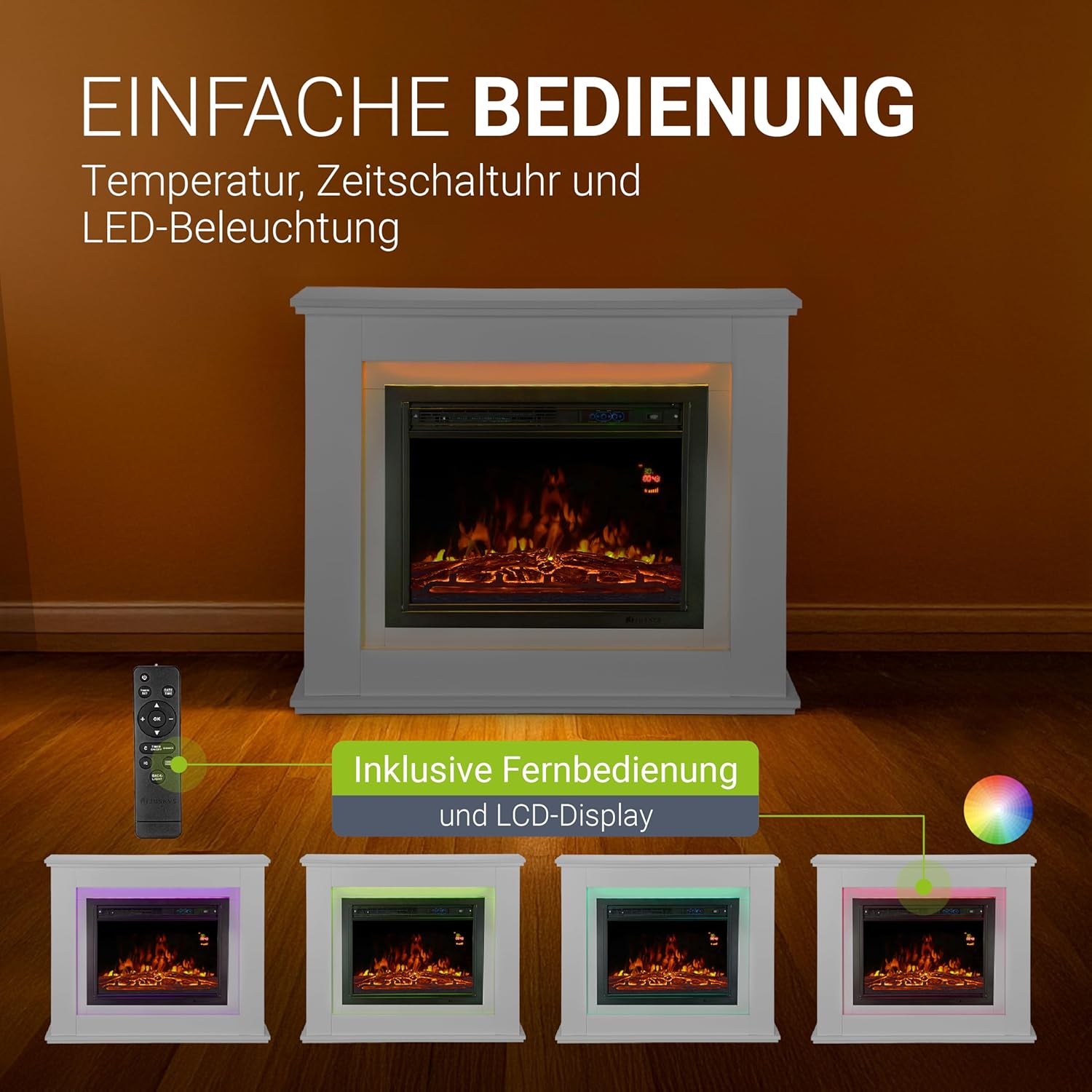 Juskys Electric Fireplace 1000/2000 W with Heater, Fireplace, Flame Effect, Remote Control, LED Lighting & Timer - Electric Fireplace Standing Fireplace, White - Carlat