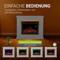 Juskys Electric Fireplace 1000/2000 W with Heater, Fireplace, Flame Effect, Remote Control, LED Lighting & Timer - Electric Fireplace Standing Fireplace, White - Carlat