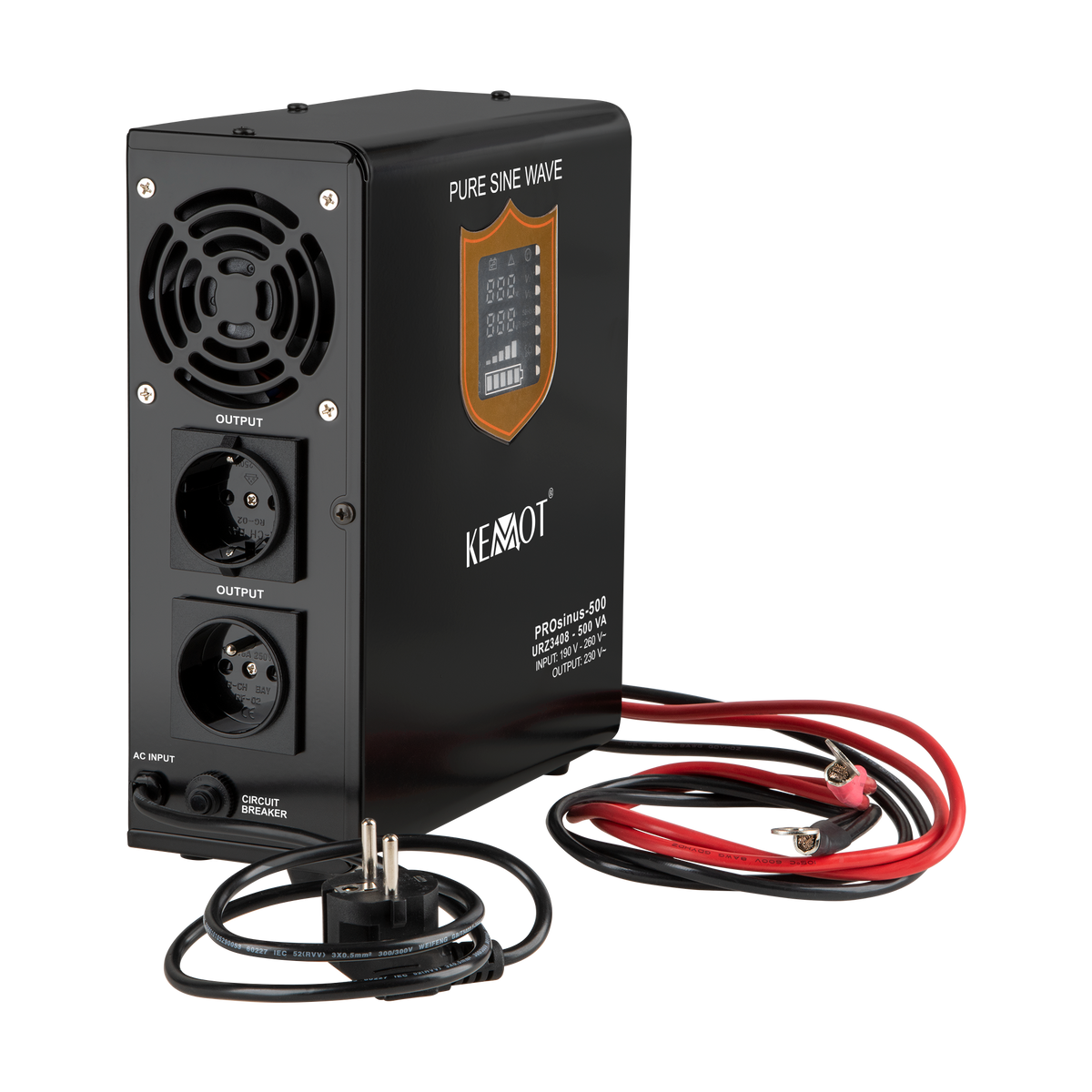 KEMOT PROsinus-500 Wall-Mounted Emergency Power Supply—a pure sine wave inverter with a charging function—12V, 230V, 500VA/300W
