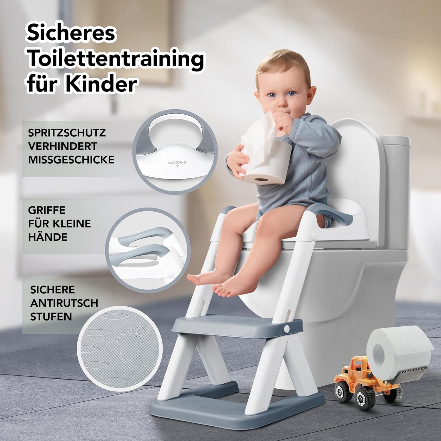 KidzCorner Children's Toilet Seat with Stairs, Height-Adjustable Toilet Ladder, Foldable Can Also Be Used as a Step Stool, Toilet Seat for Potty Training - Carlat