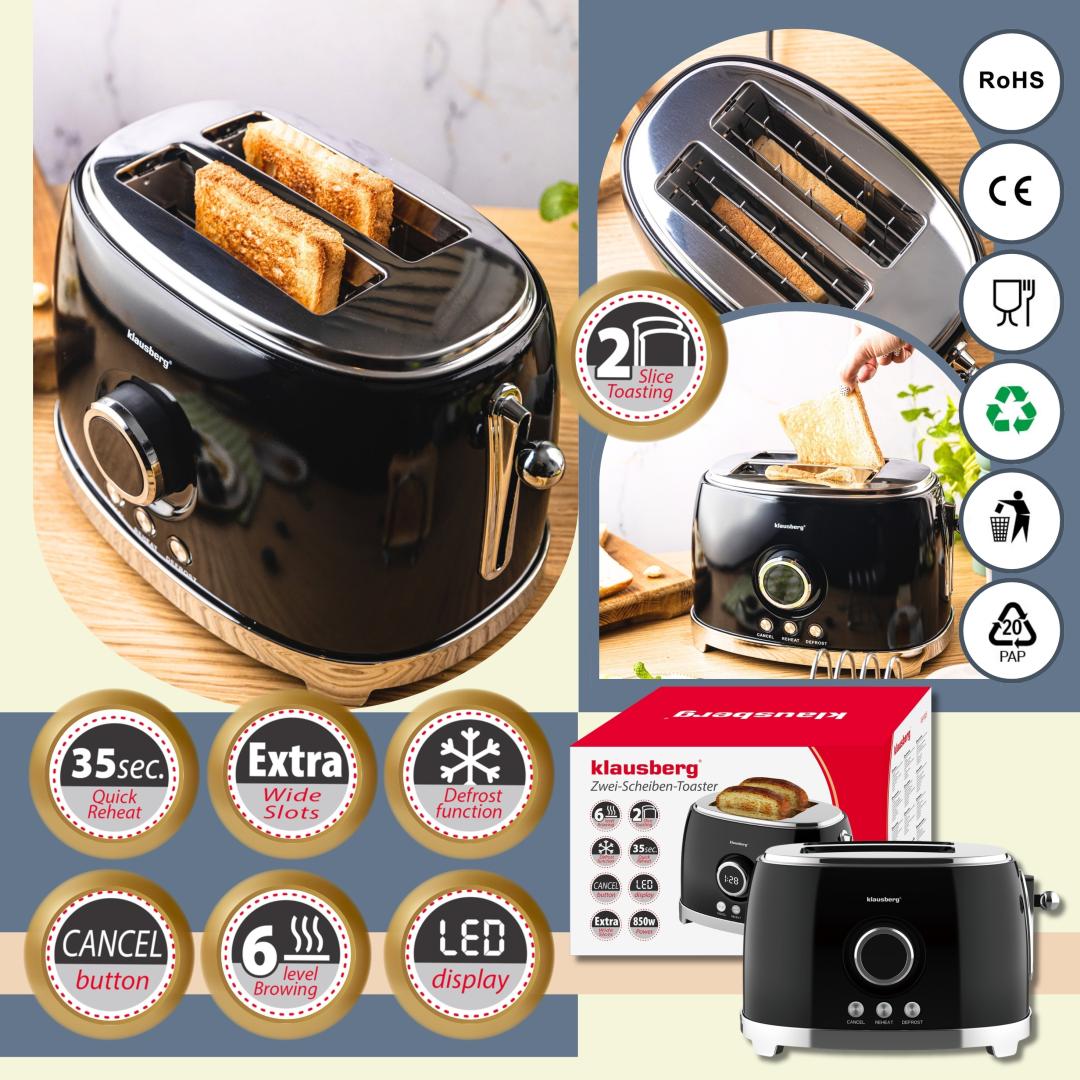 Kitchen Accessories – 2-slice toaster, black, retro, LED display, Klausberg - Carlat