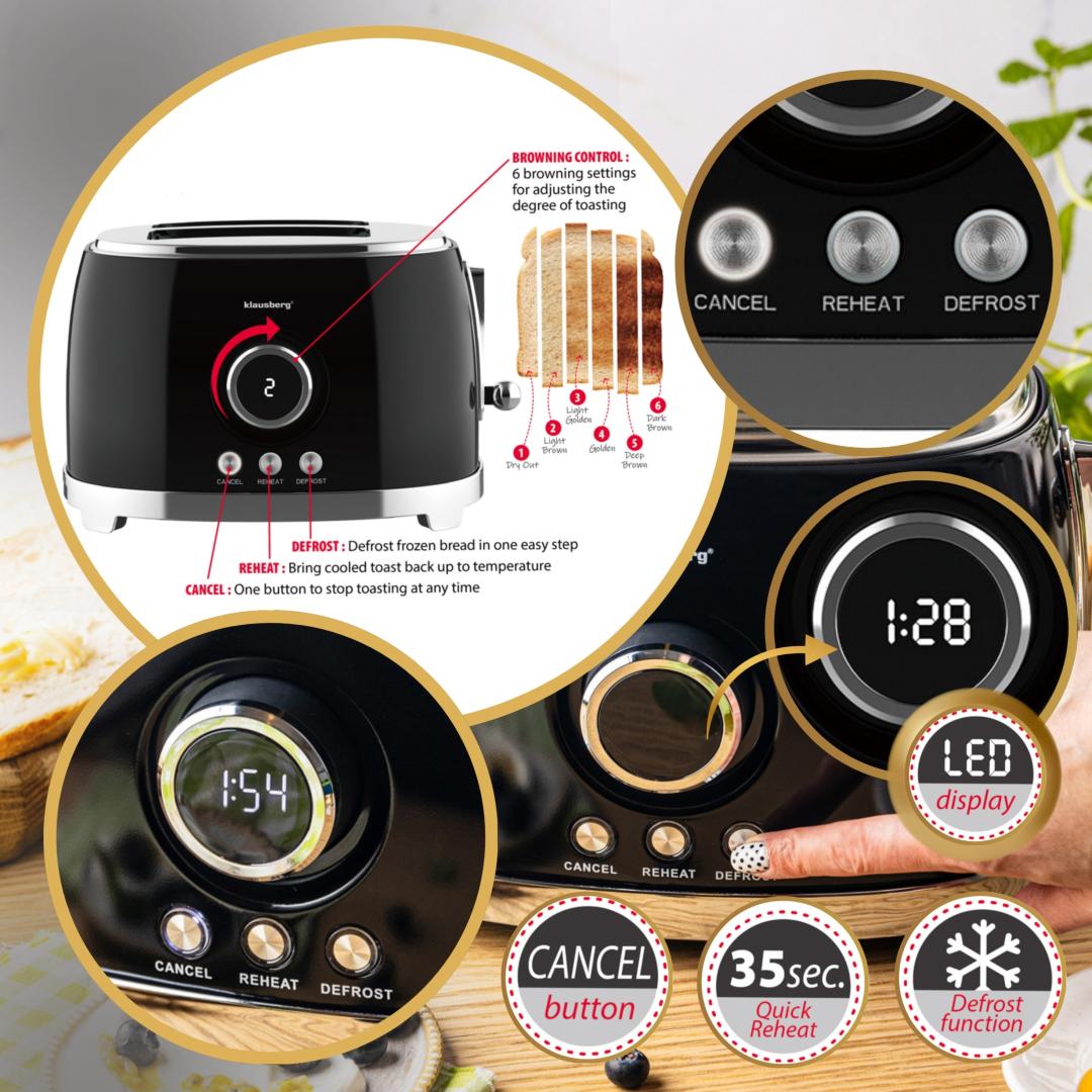 Kitchen Accessories – 2-slice toaster, black, retro, LED display, Klausberg - Carlat