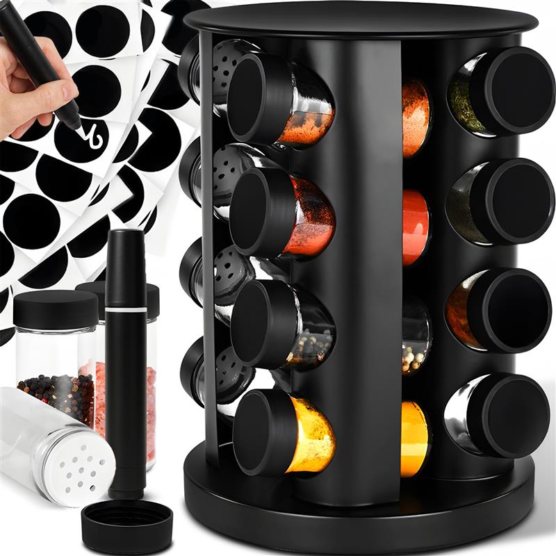 Kitchen – Rotating Spice Rack Set: 16 Jars + 12 Labels - Carlat