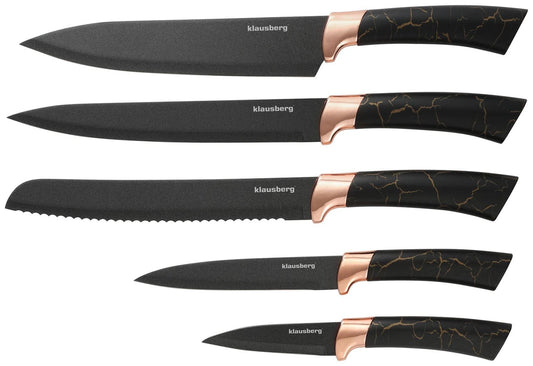 Kitchen knives in a stand, black with a brown pattern, 5-piece set, Klausberg, KB-7799 - Carlat