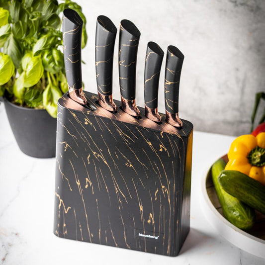 Kitchen knives in a stand, black with a brown pattern, 6-piece set, Klausberg, KB-7768 - Carlat