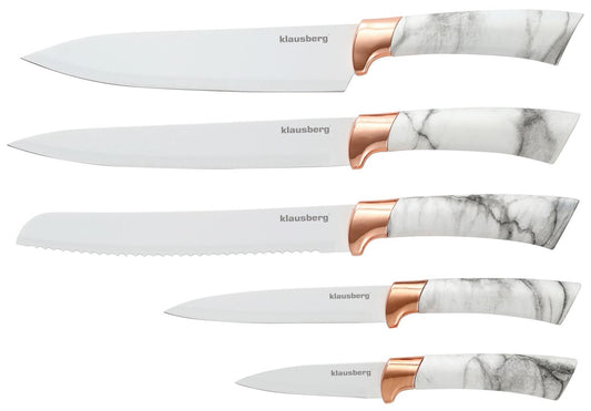 Kitchen knives in a stand, white with a brown pattern, 5-piece set, Klausberg, KB-7800 - Carlat