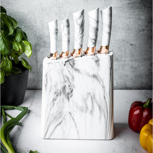 Kitchen knives in a stand, white with a brown pattern, 6-piece set, Klausberg, KB-7769 - Carlat